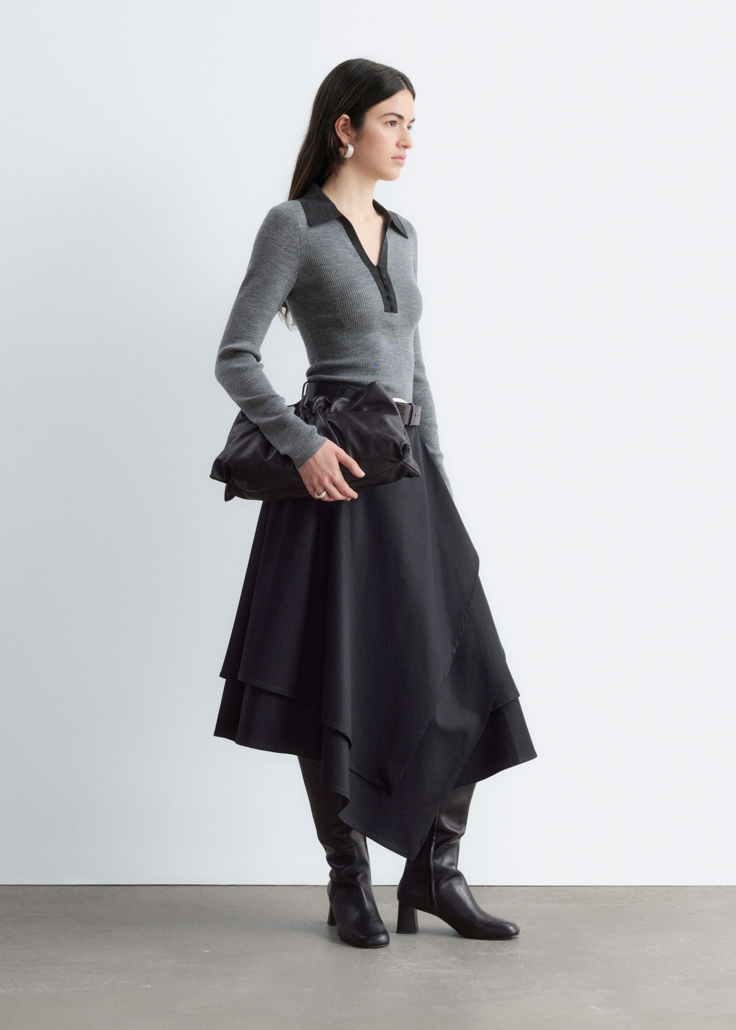Button-Detail Wool Top - Dark Brown - Lookbook