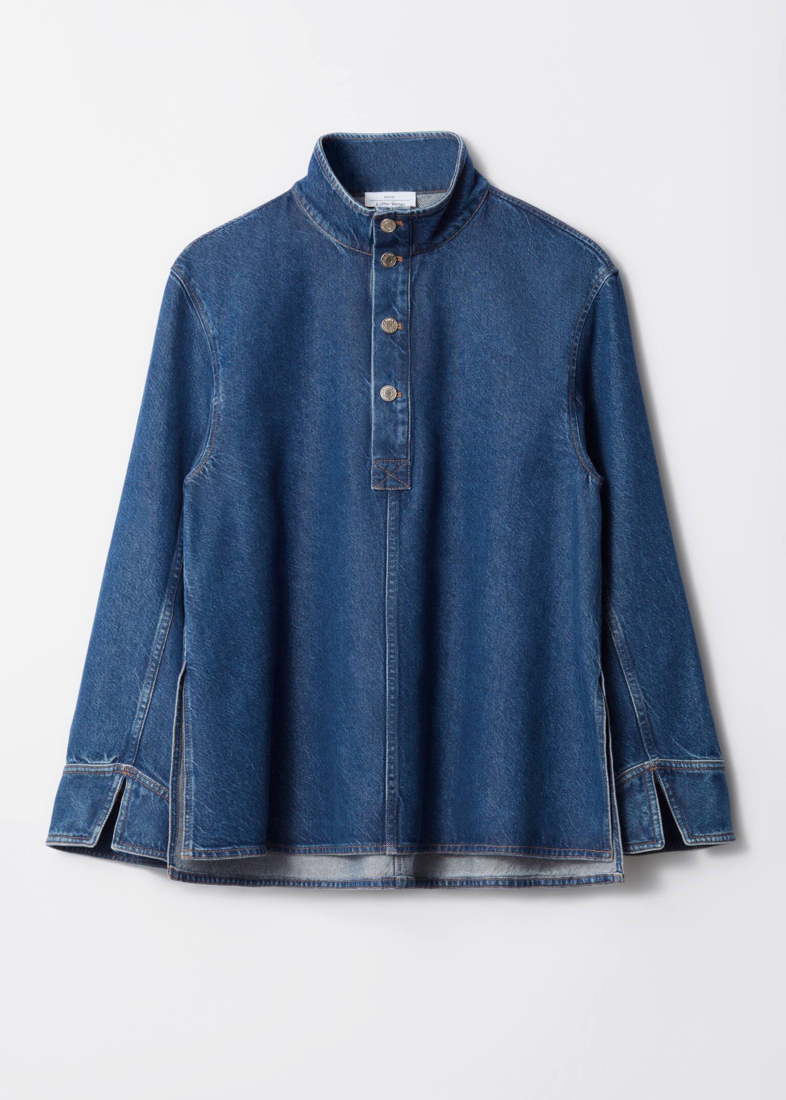 Funnel-Neck Denim Shirt - Blue