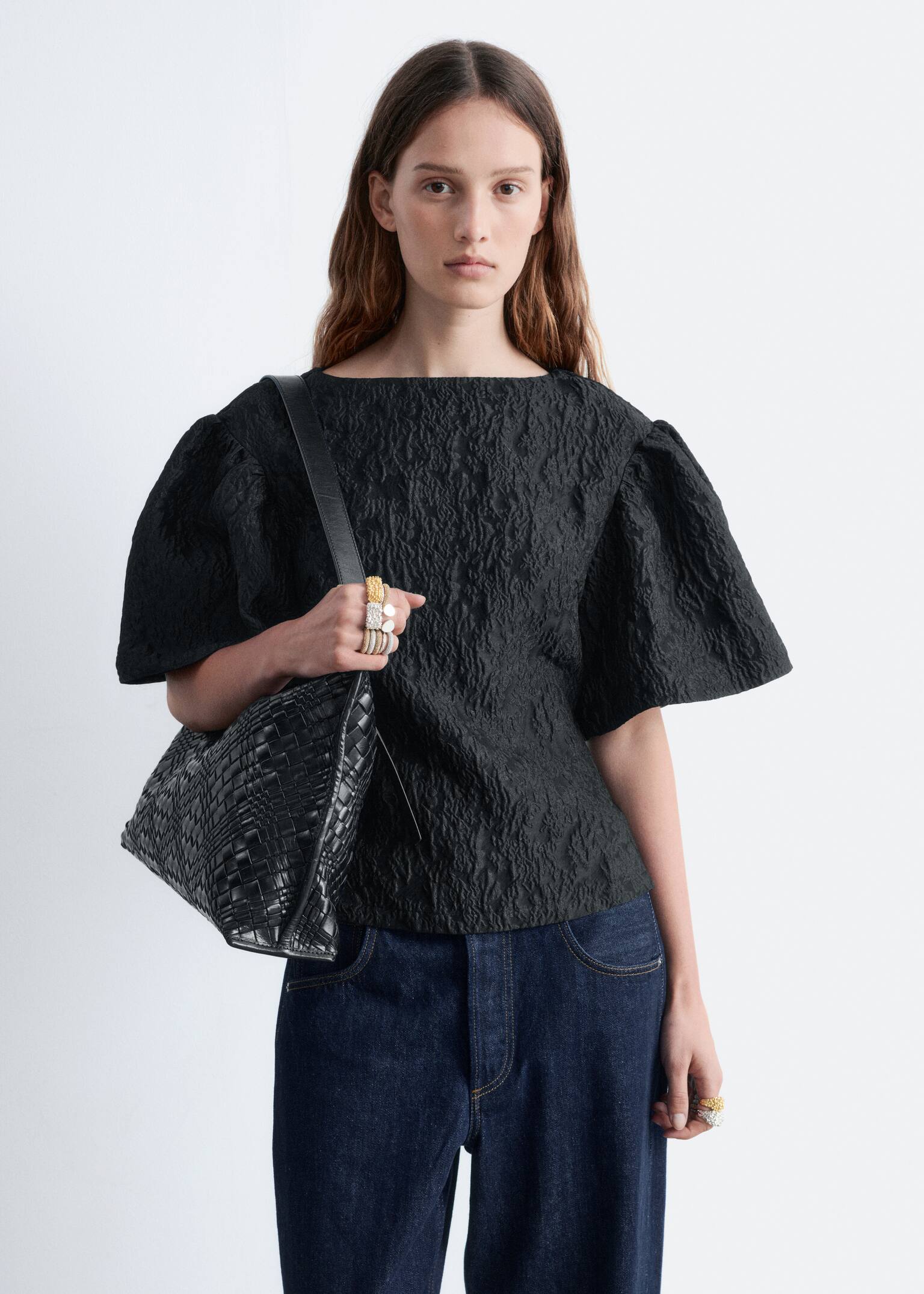 Jacquard Puff-Sleeve Top - Black - 3