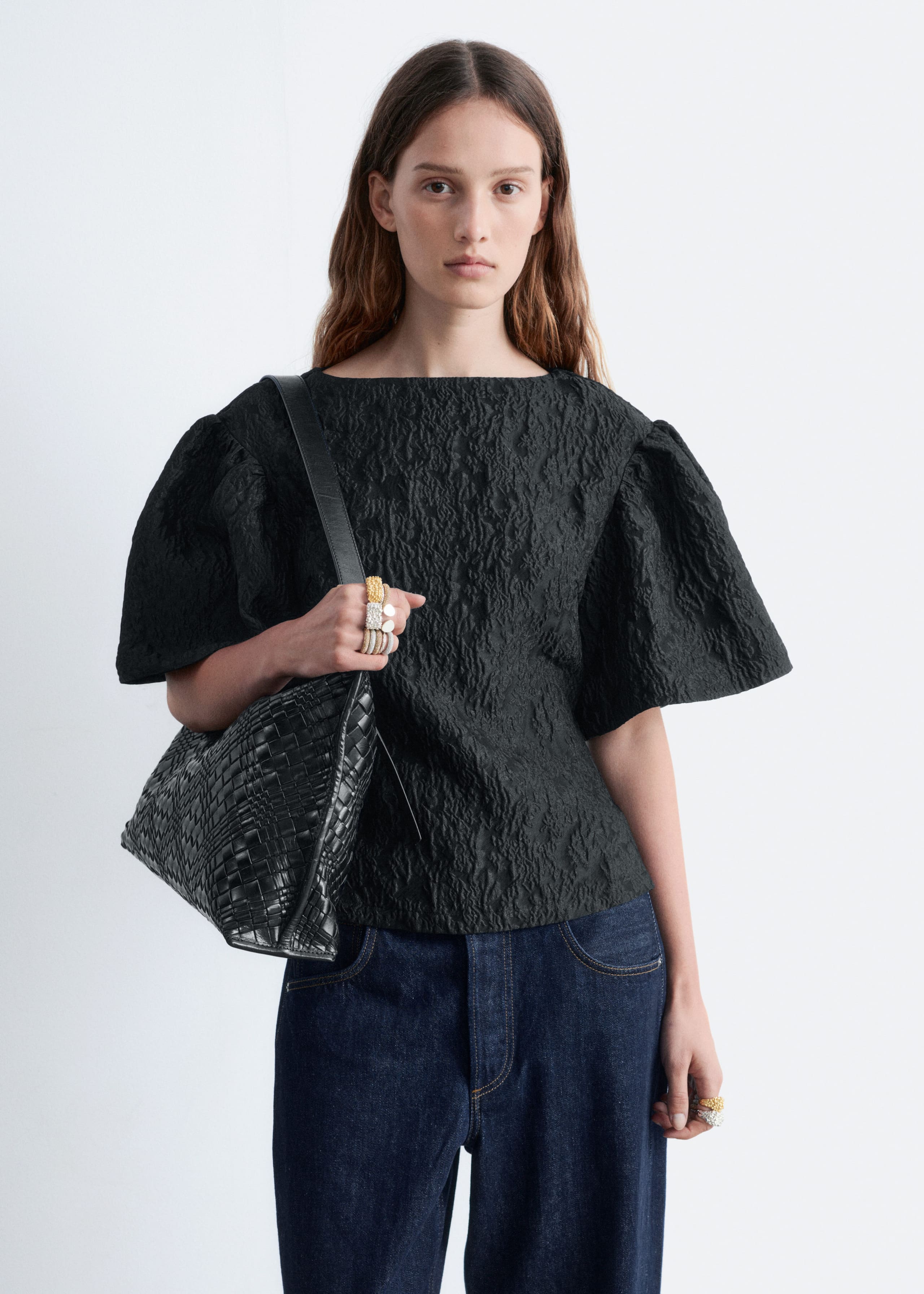 Image of Jacquard Puff-Sleeve Top