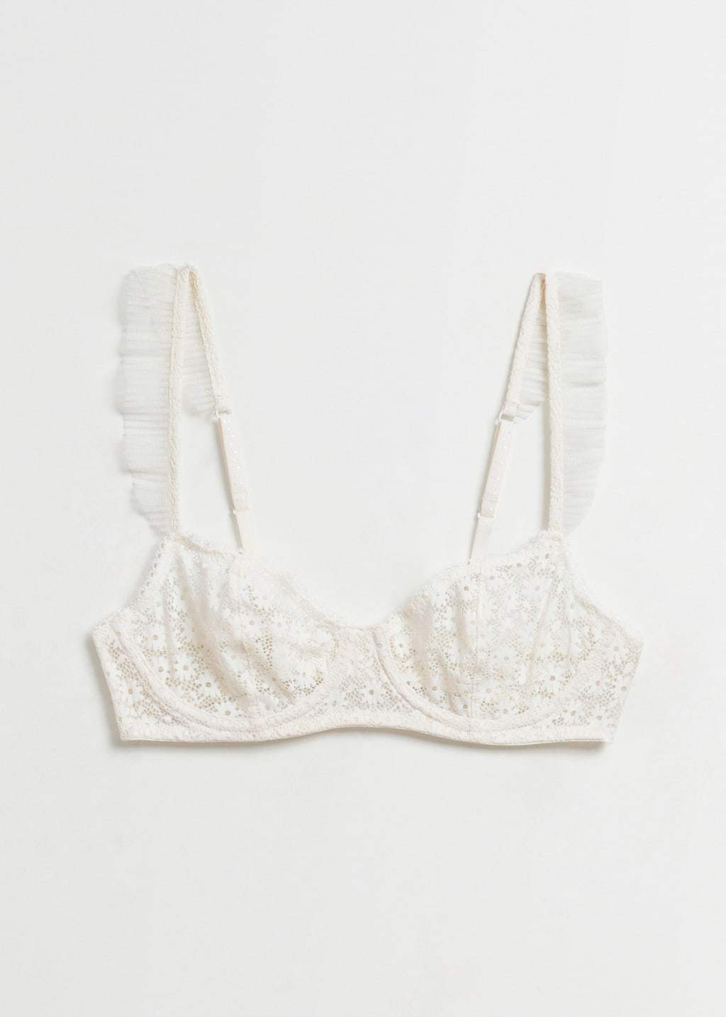 PleatedFrillTrimmedUnderwireBra - Cream - Natura morta