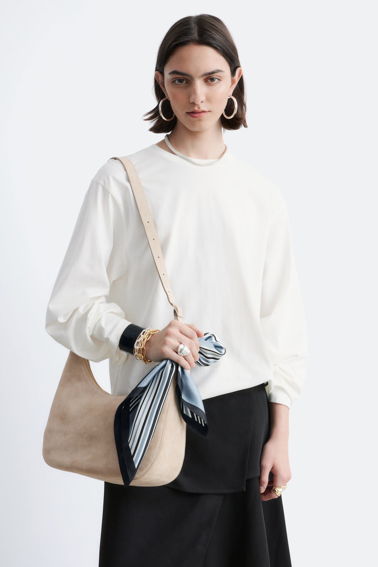 Langærmet jerseytop - Hvid/Mørkegul/Marineblå/hvide striber - 1