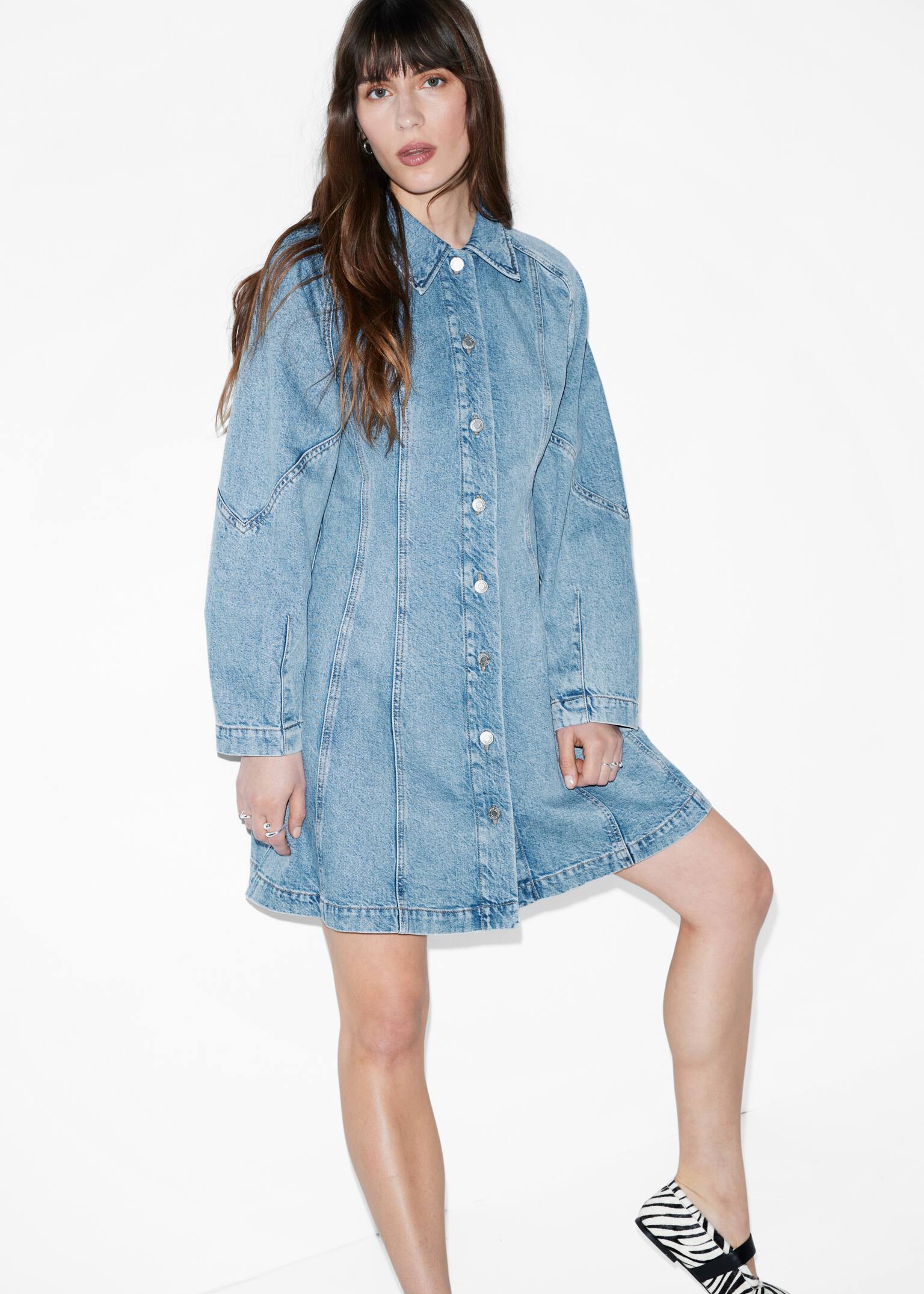 Rochie mini cămașă din denim - Albastru deschis/Negru
