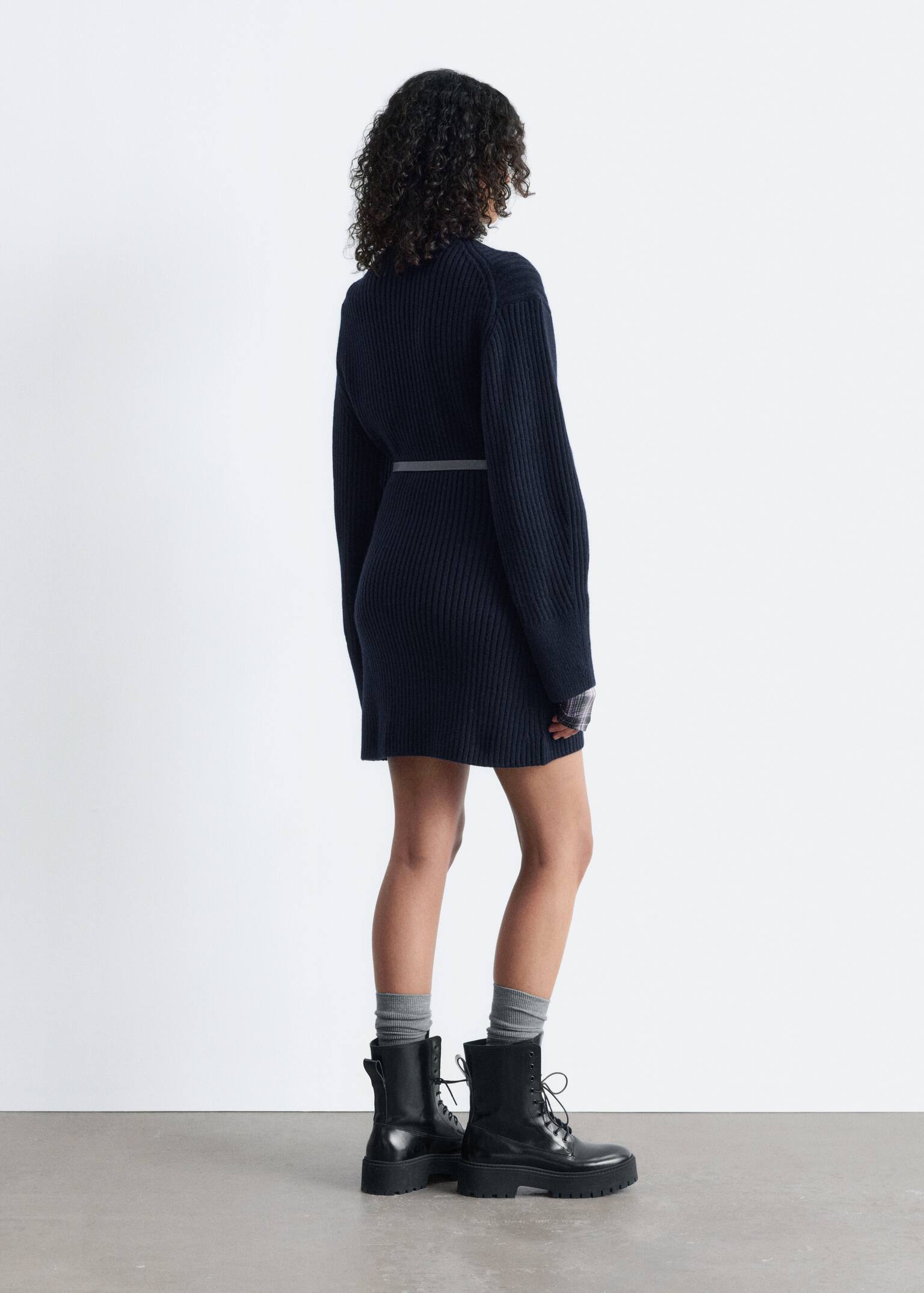 Rib-Knit Mock-Neck Mini Dress - Dark Blue - 5