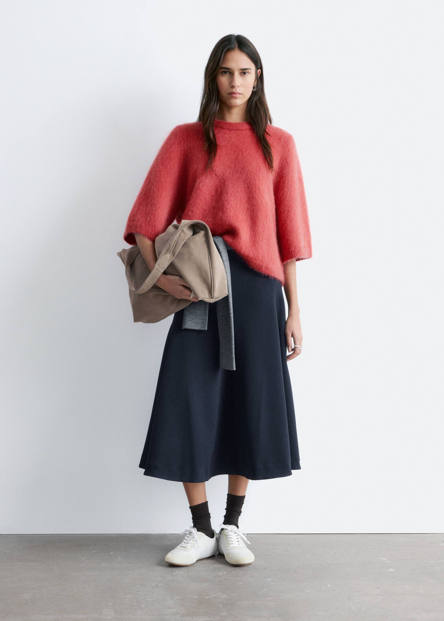 חולצת טריקו סרוגה מתערובת מוהייר - אדום/חום/קרם/צהוב כהה - 1