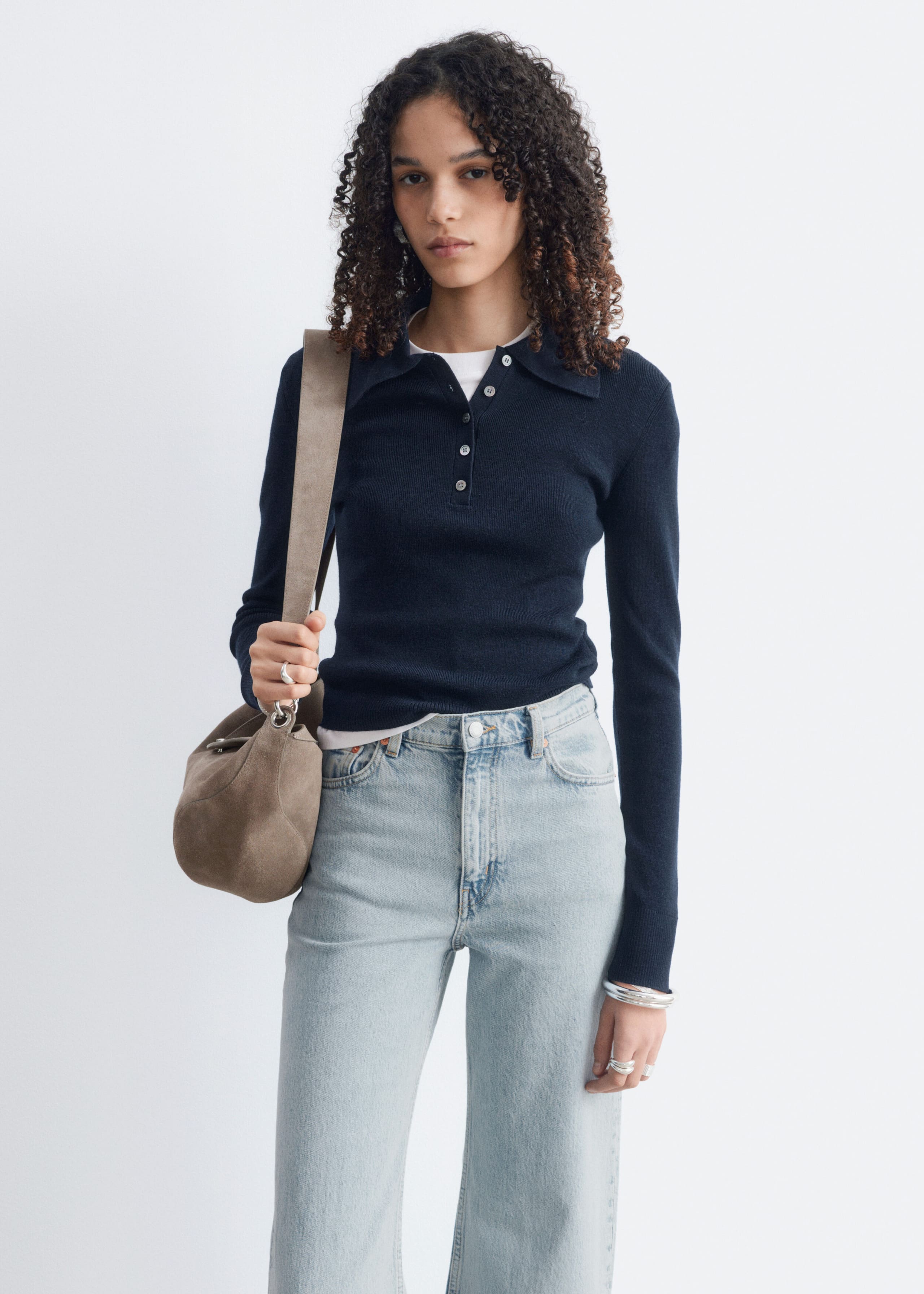 Rib-Knit Merino Wool Polo Top - Grey Melange - Lookbook