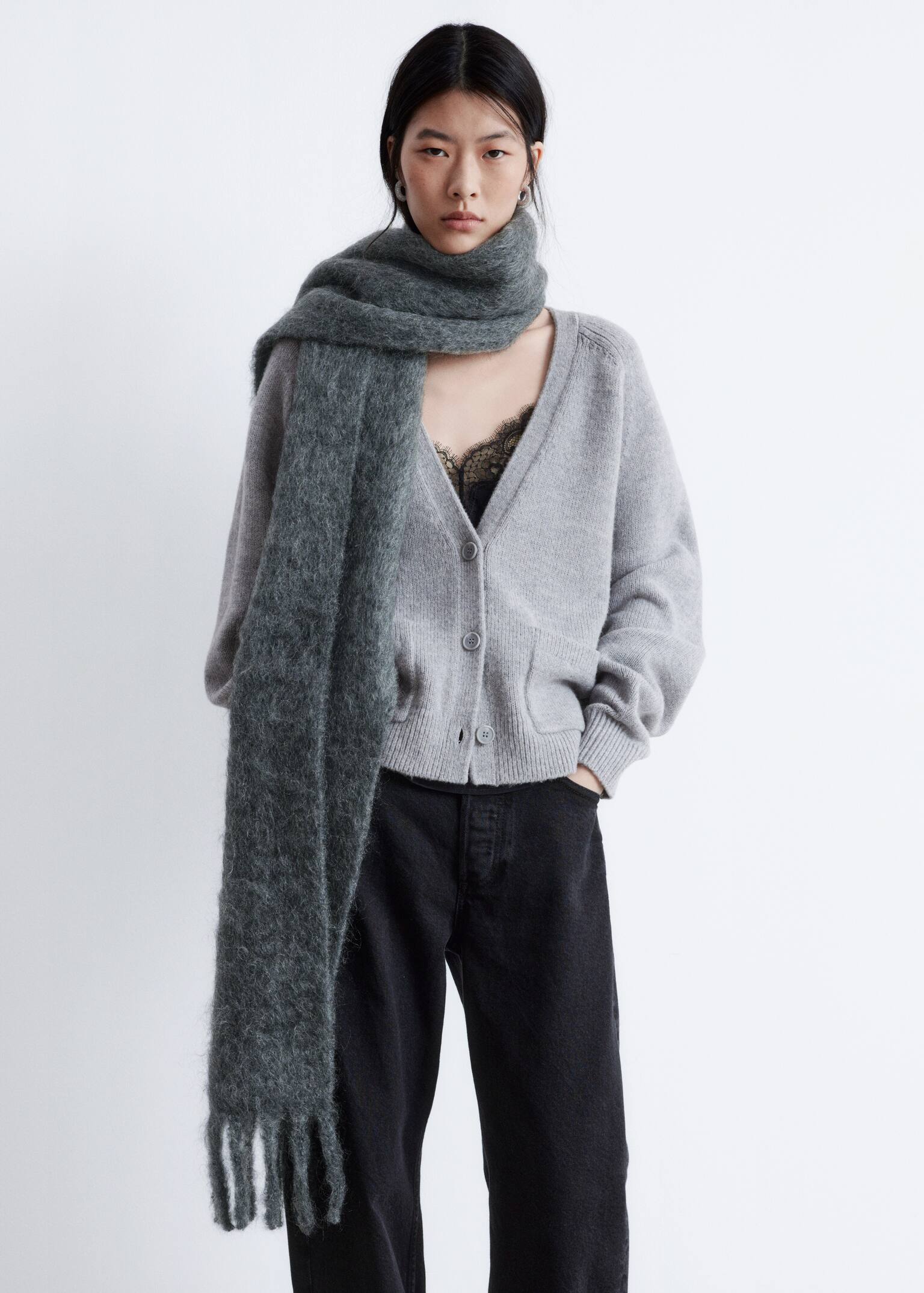 Kardigan z naszywanymi kieszeniami - Szary/Kremowy - 2