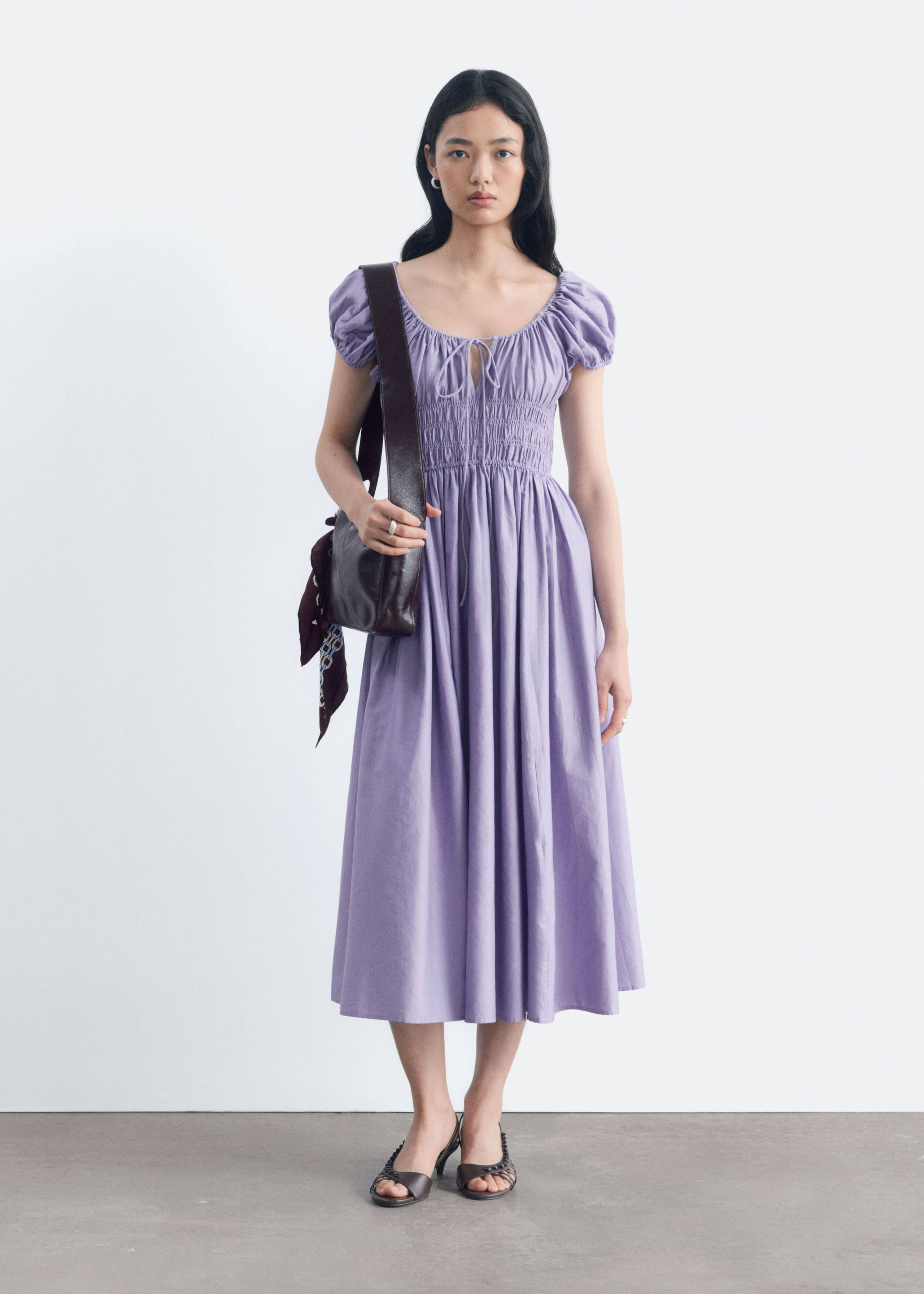 Cotton Smocked Midi Dress - Brown - Lookbook