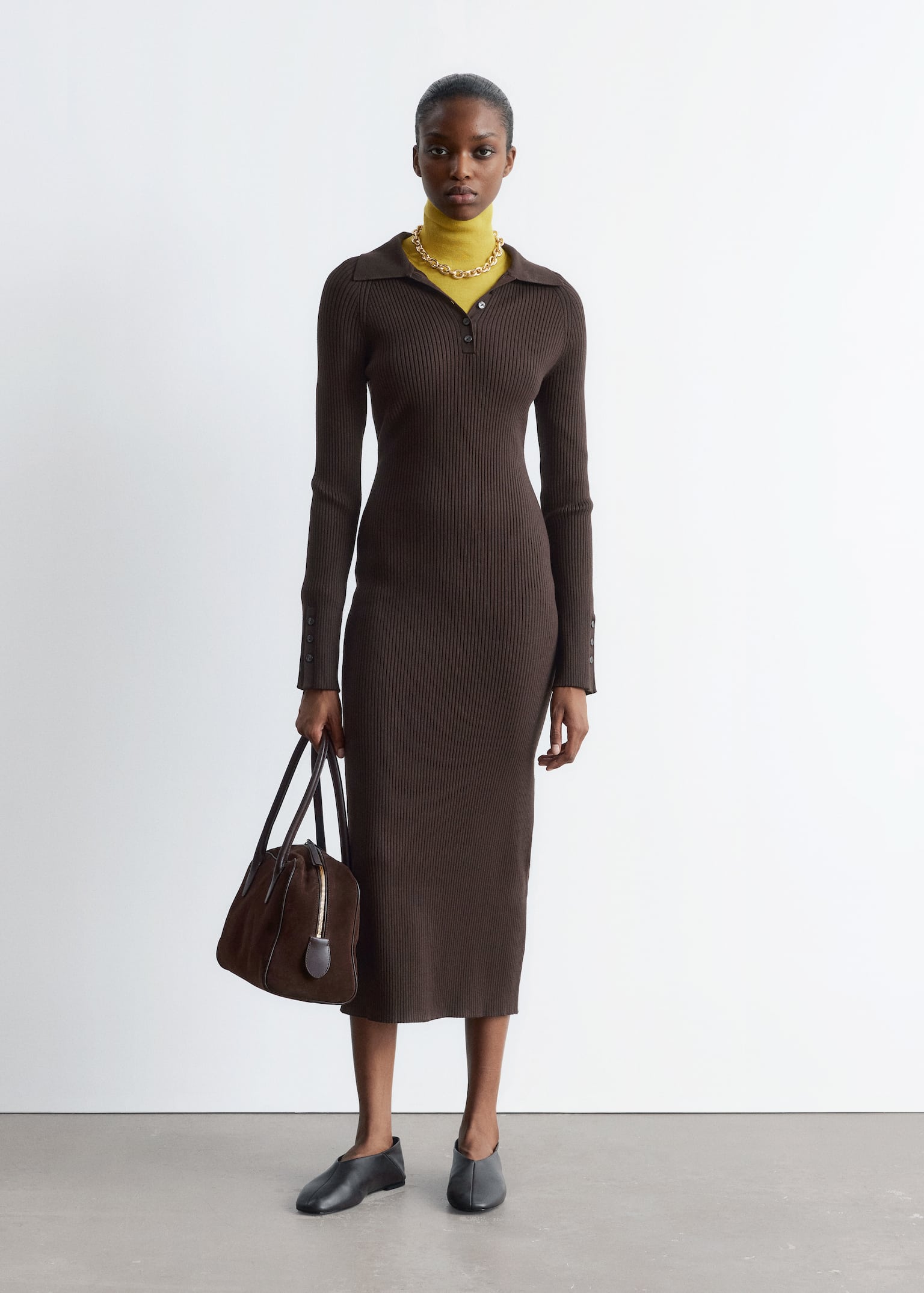 Vestido midi tipo polo de punto de canalé - Marrón oscuro/Beige oscuro