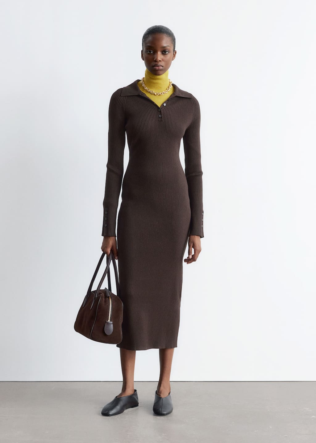 Image of Rib-Knit Polo Midi Dress