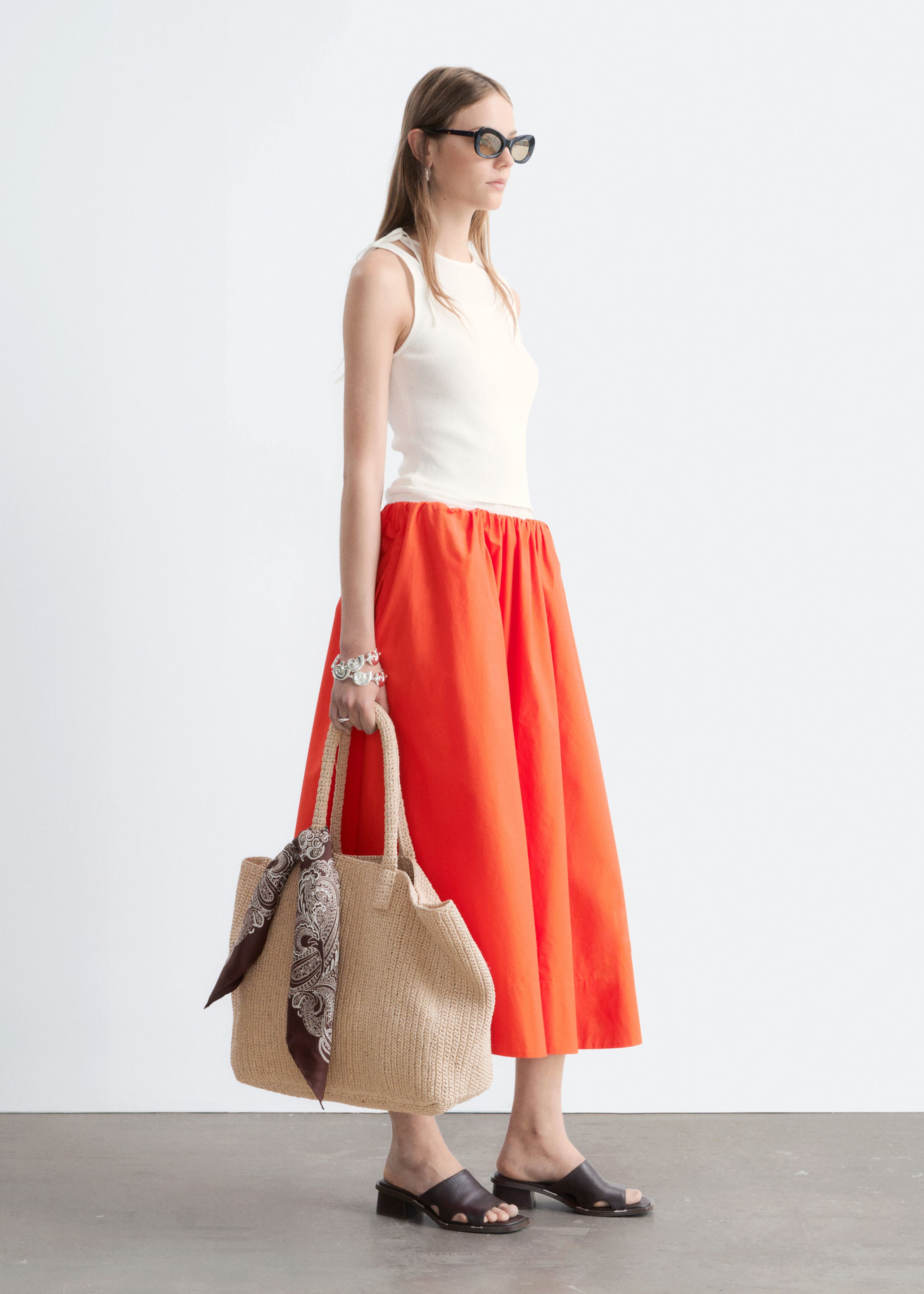Cotton Midi Skirt - Bright Orange - Lookbook
