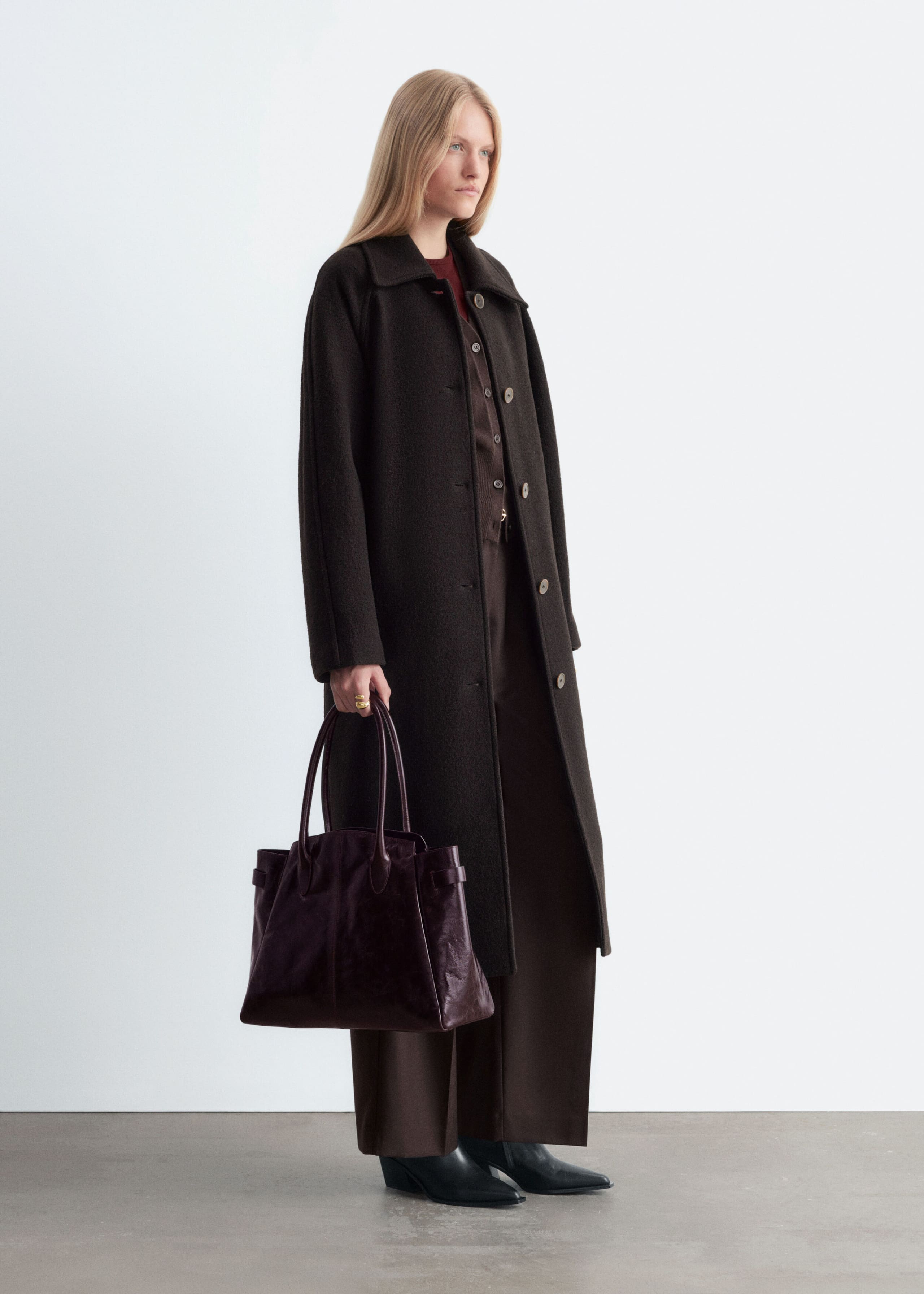 Bouclé Wool Car Coat - Dark Brown - Lookbook
