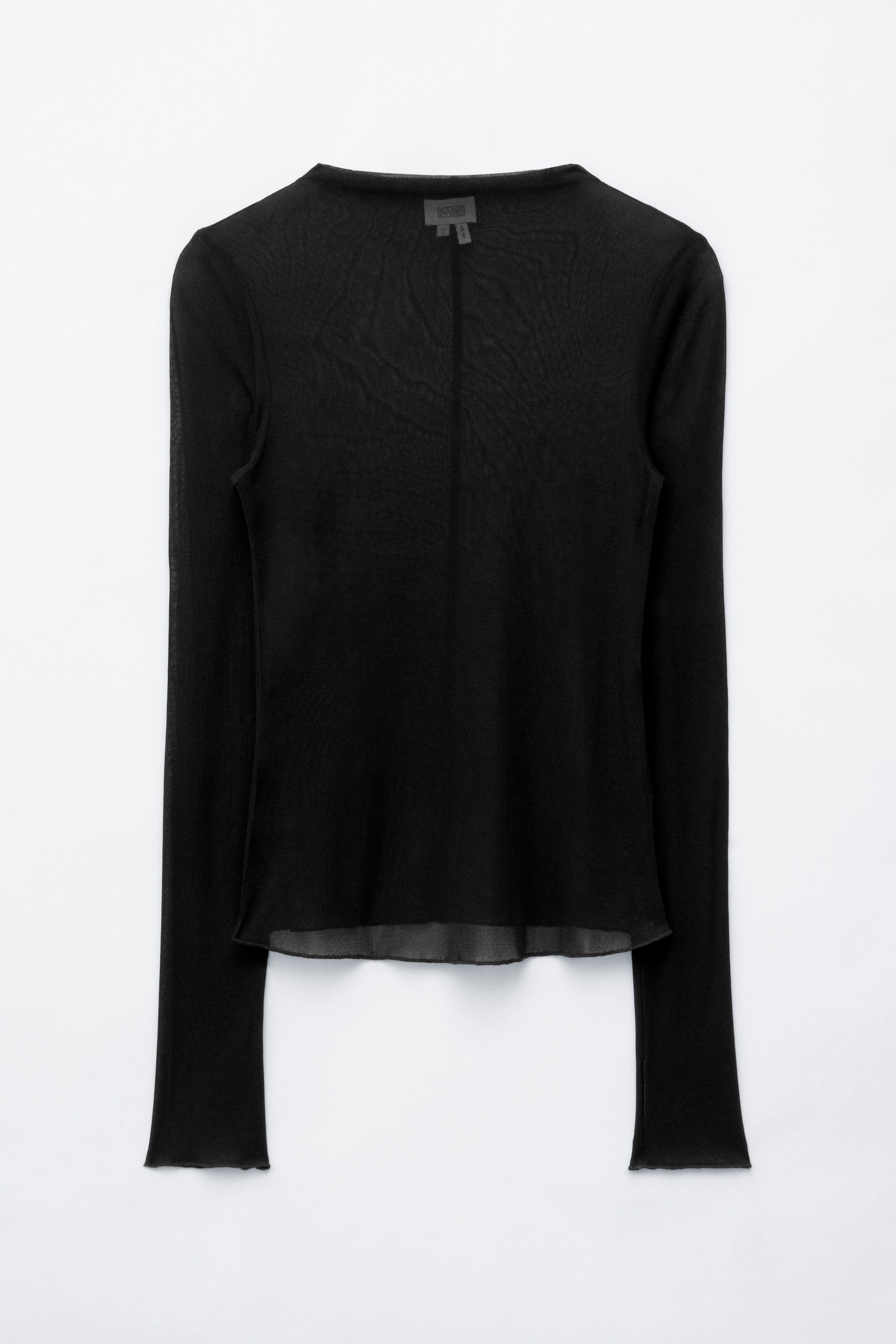 View larger image: A front-facing black long-sleeved top, crafted from semi-transparent fine rib jersey fabric, features a close-fitting silhouette, a mock neck, a visible topstitched centre seam, and raw-edged cuffs and hem.
