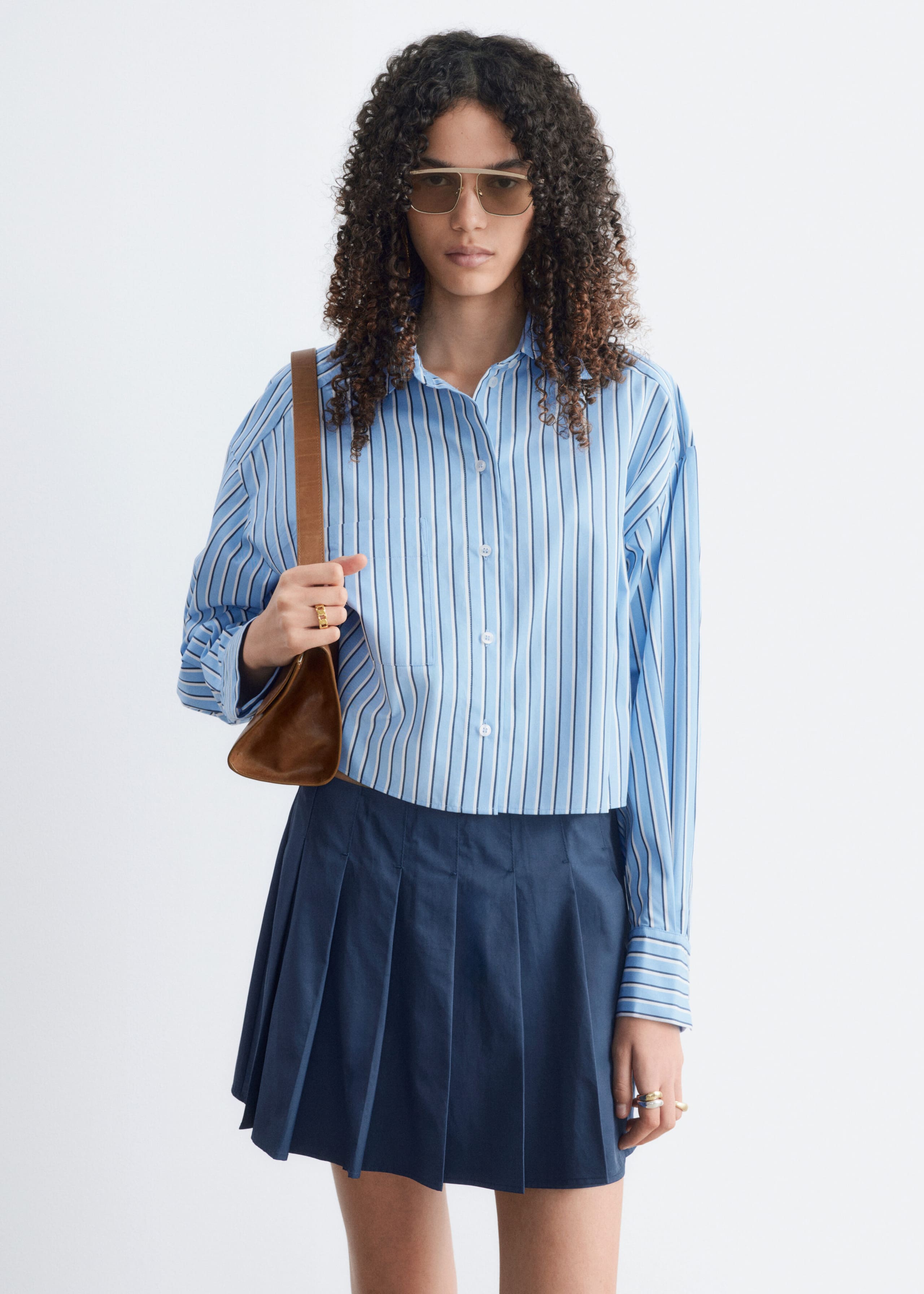 Cropped Cotton Twill Shirt - Blue/Striped - Still Life