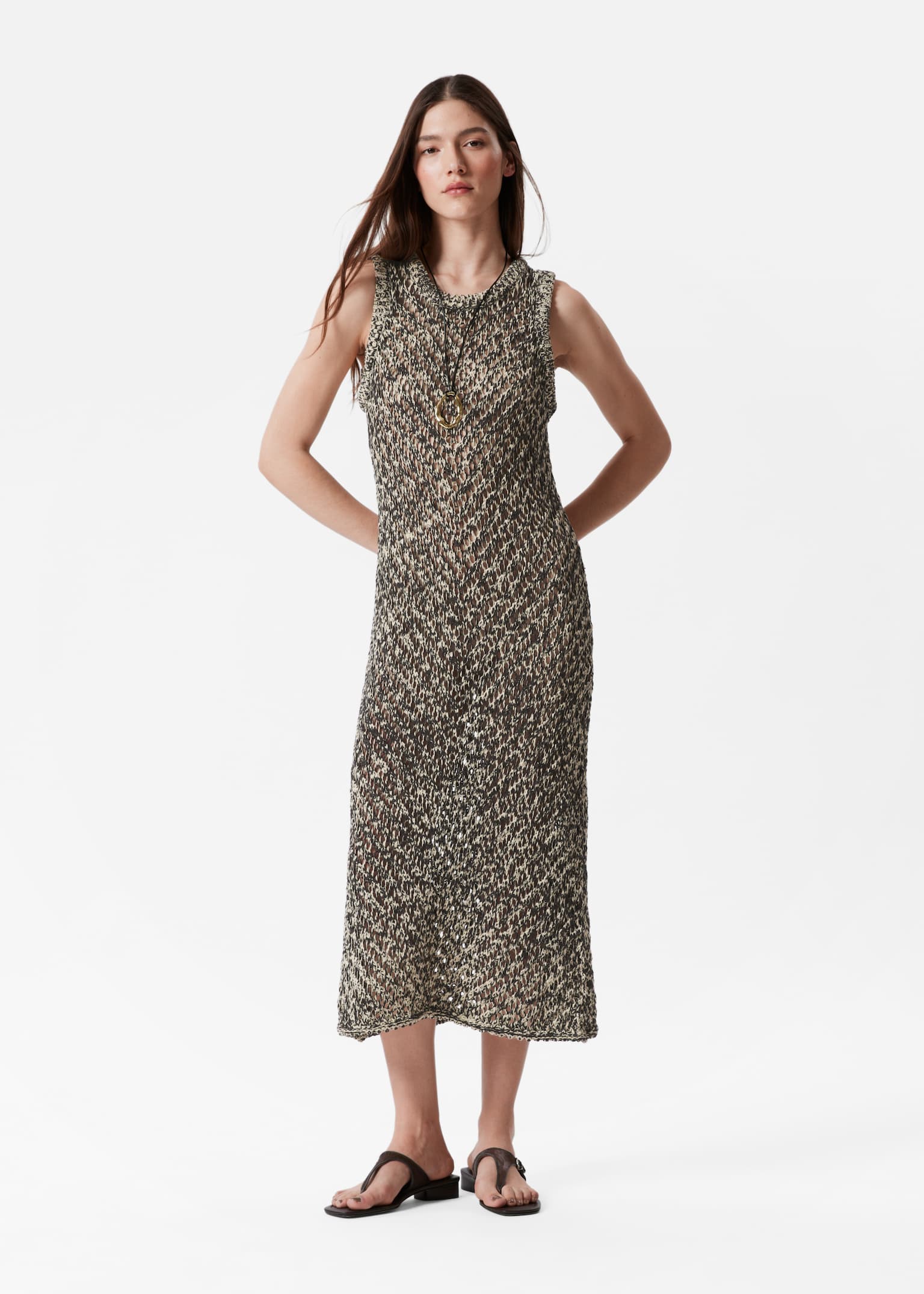 Rochie midi tricotată - Bej/Maro/Roșu