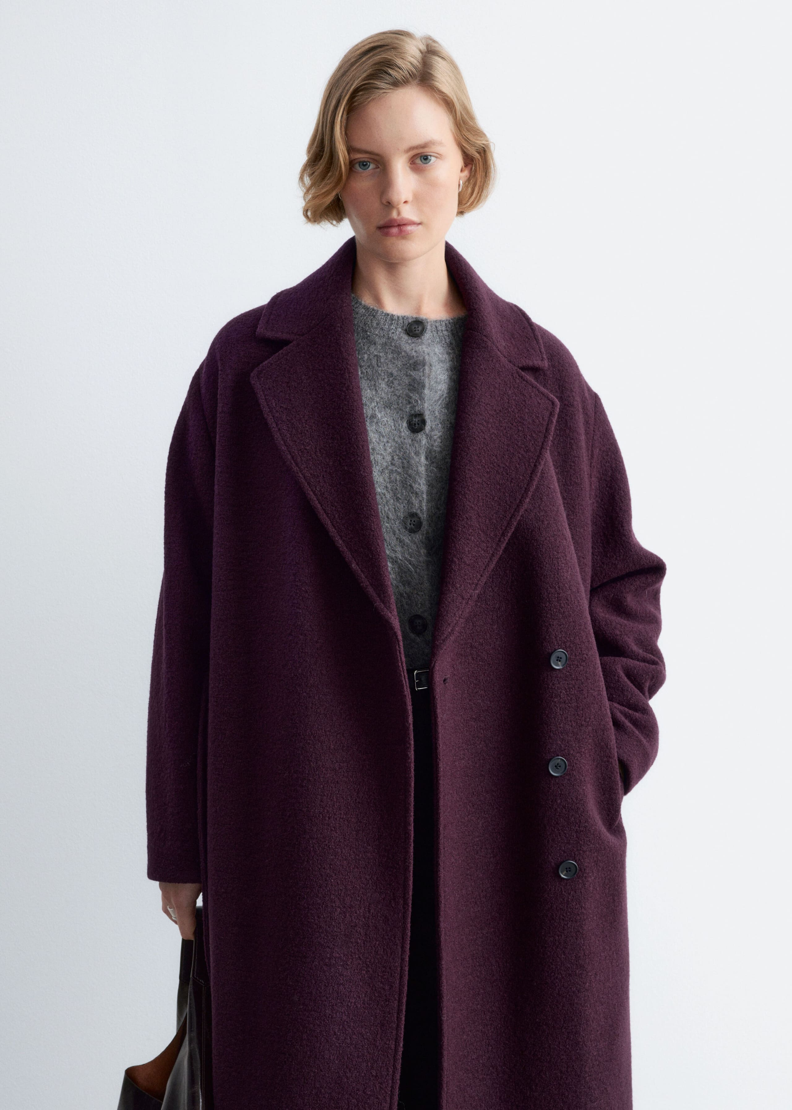 Volumineuze wollen jas met ceintuur - Donkerpaars - Lookbook