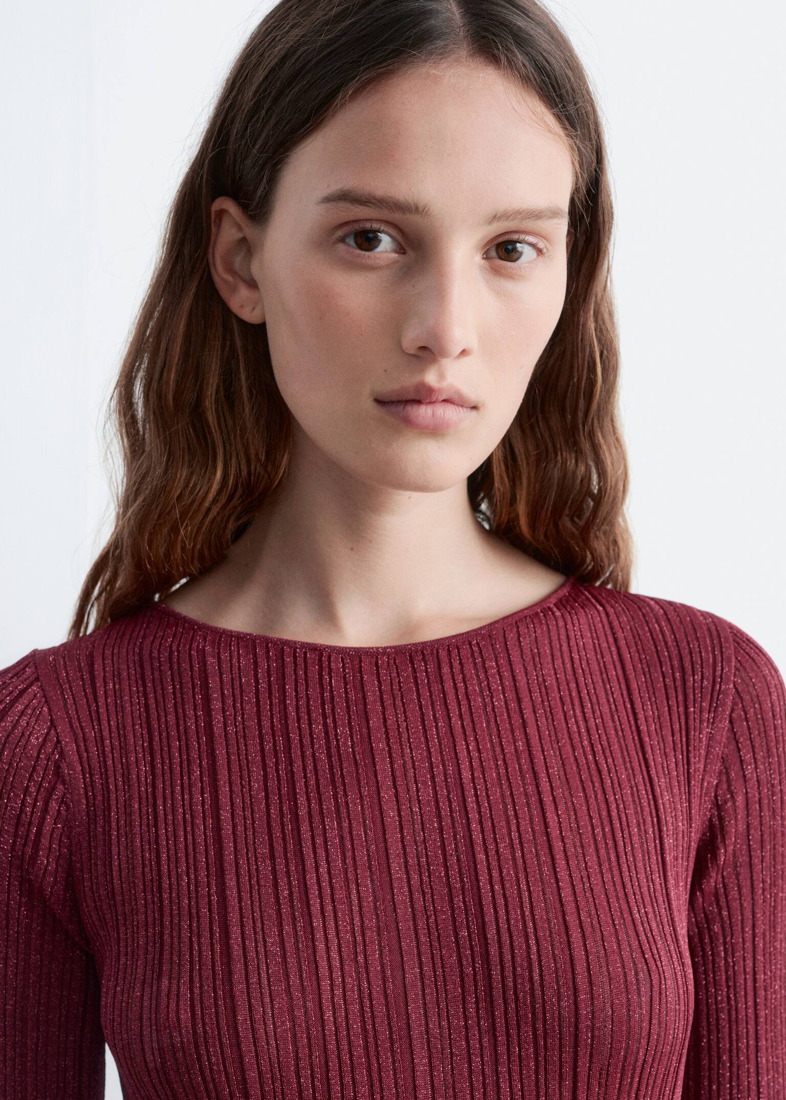 Long-Sleeve Rib-Knit Midi Dress - Dark Red - 6