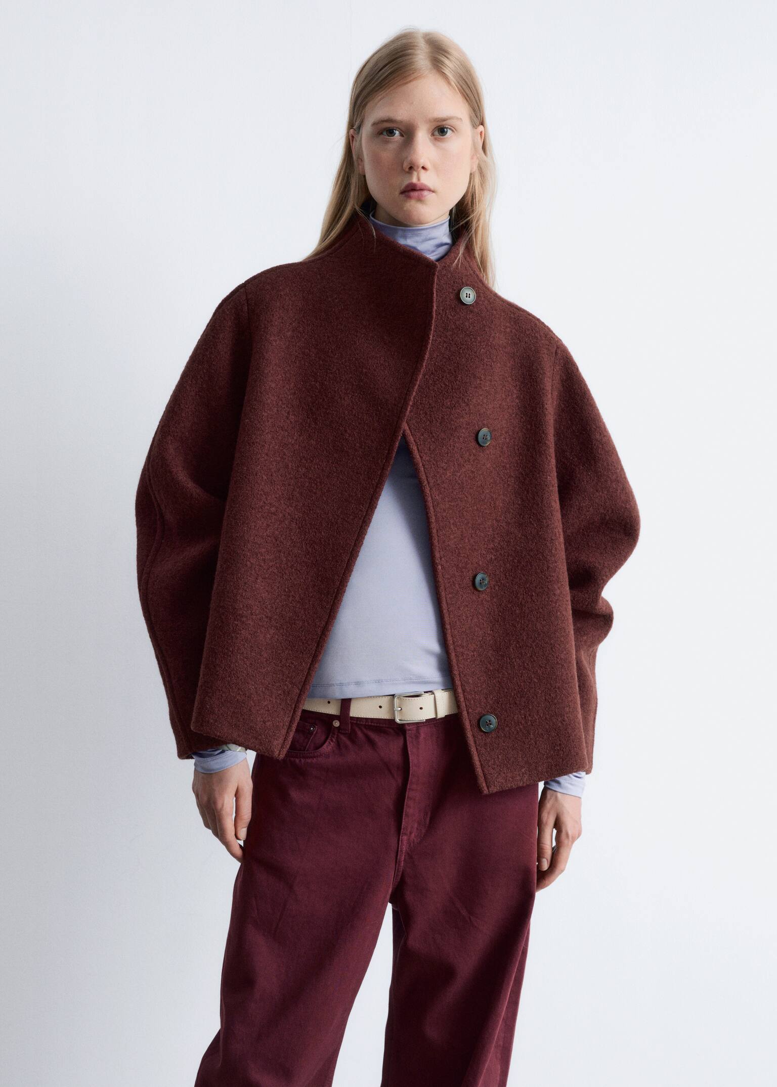 Asymmetric Wool Jacket - Tmavě červená/Mole/Černá - 3