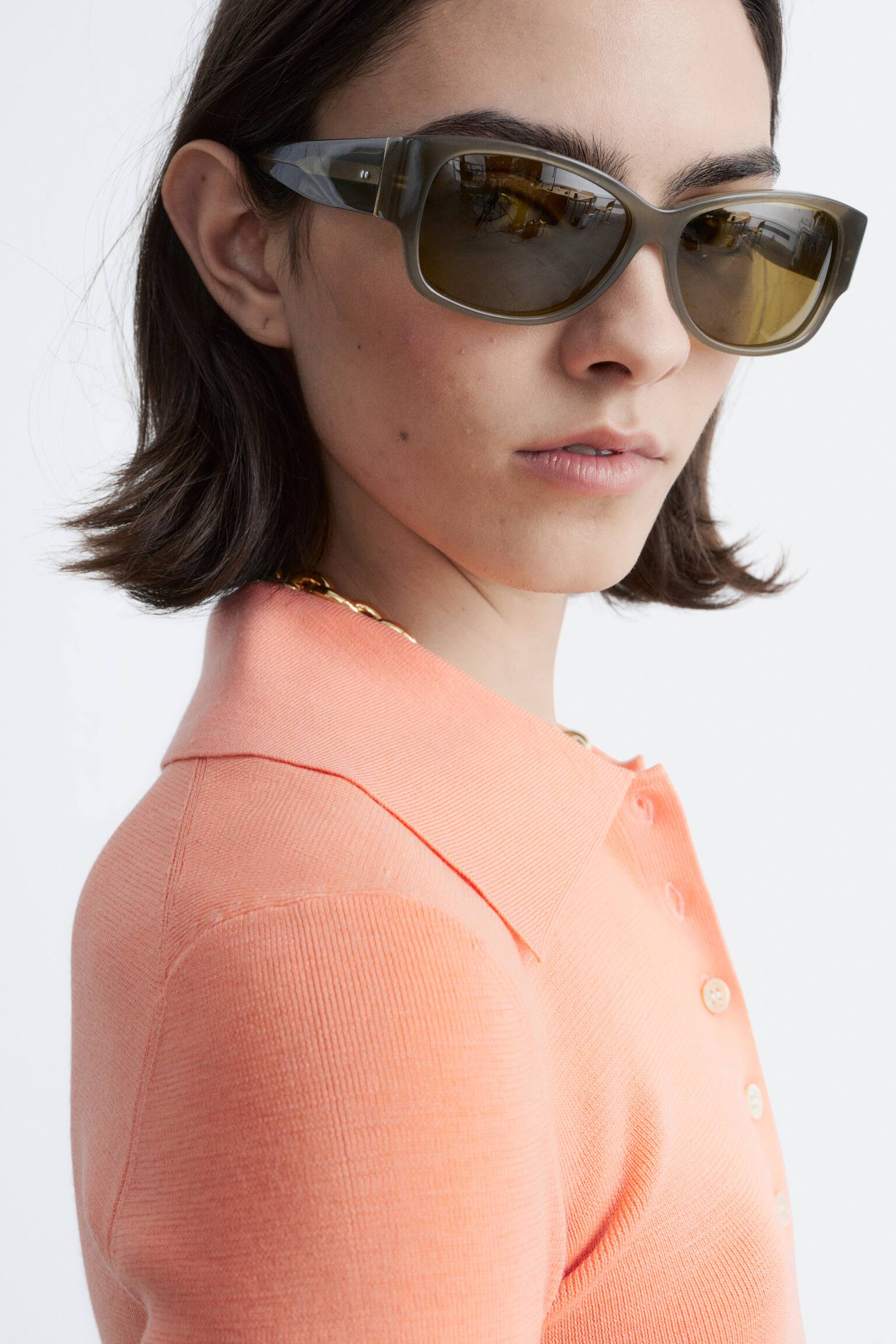 Rippstrick-Poloshirt aus Merinowolle - Pfirsich/Grau meliert/Dunkelbraun - 5