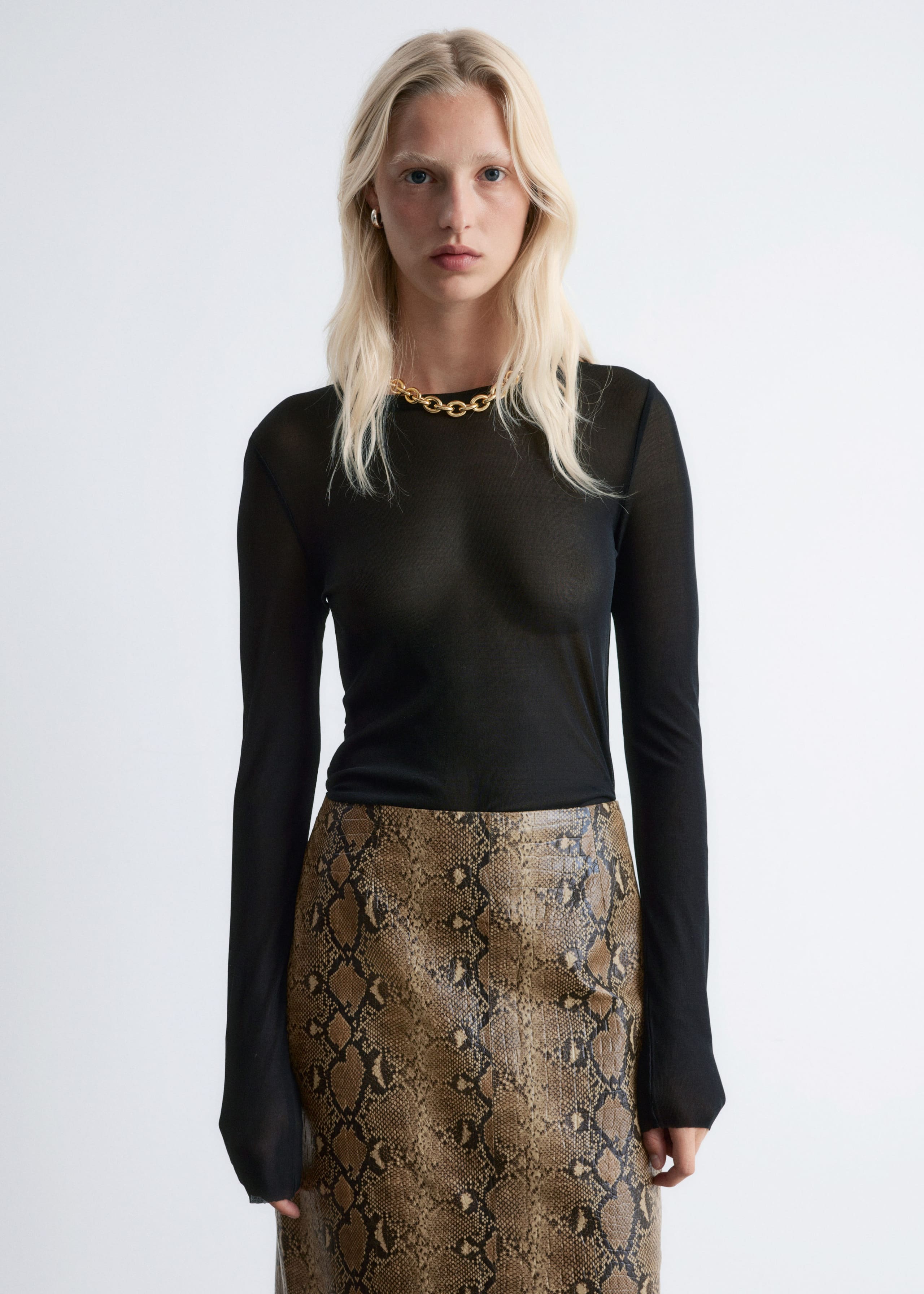 Image of Snake Pattern Leather Midi Skirt