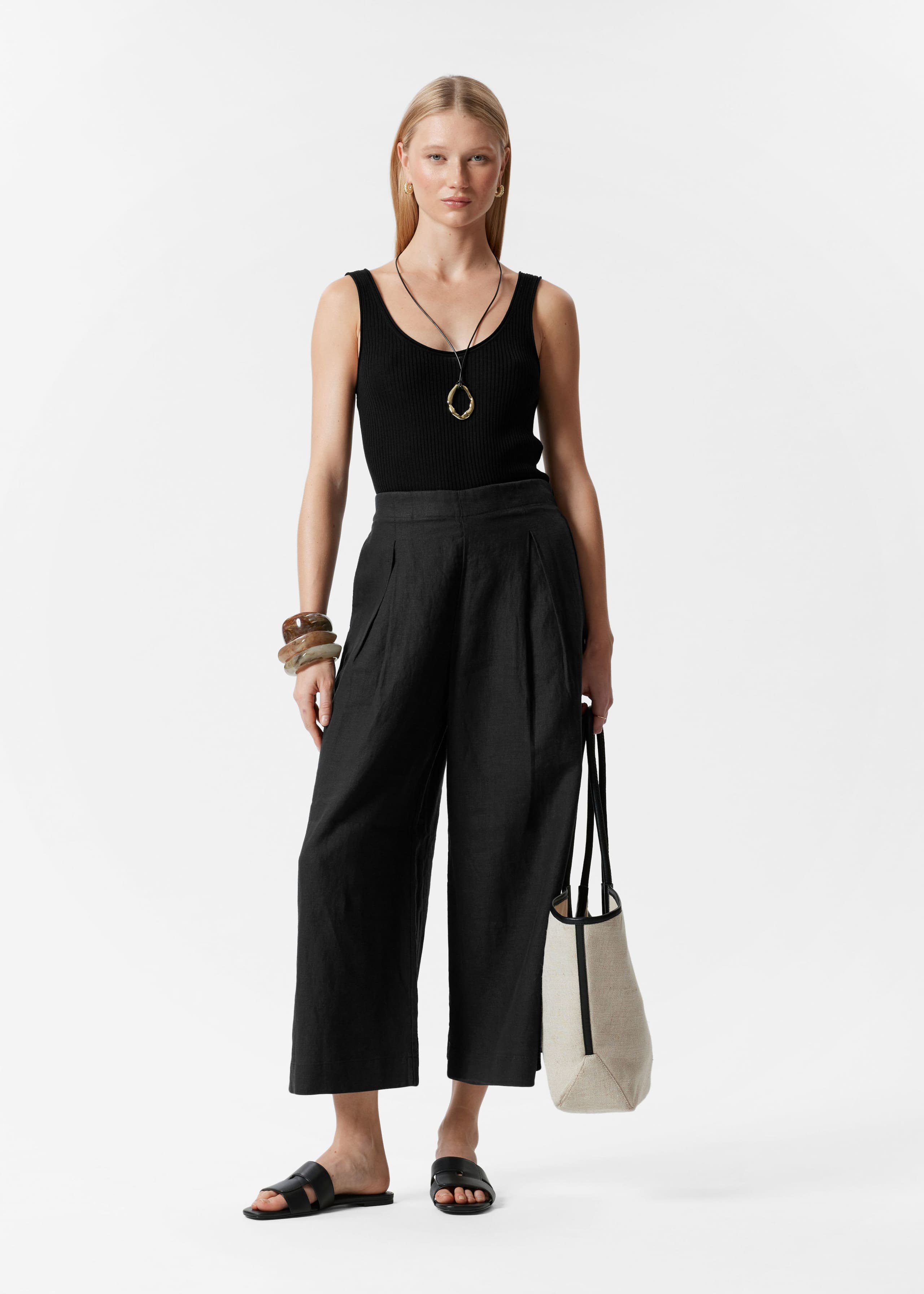 Lniane spodnie culottes – Zielony khaki – Lookbook