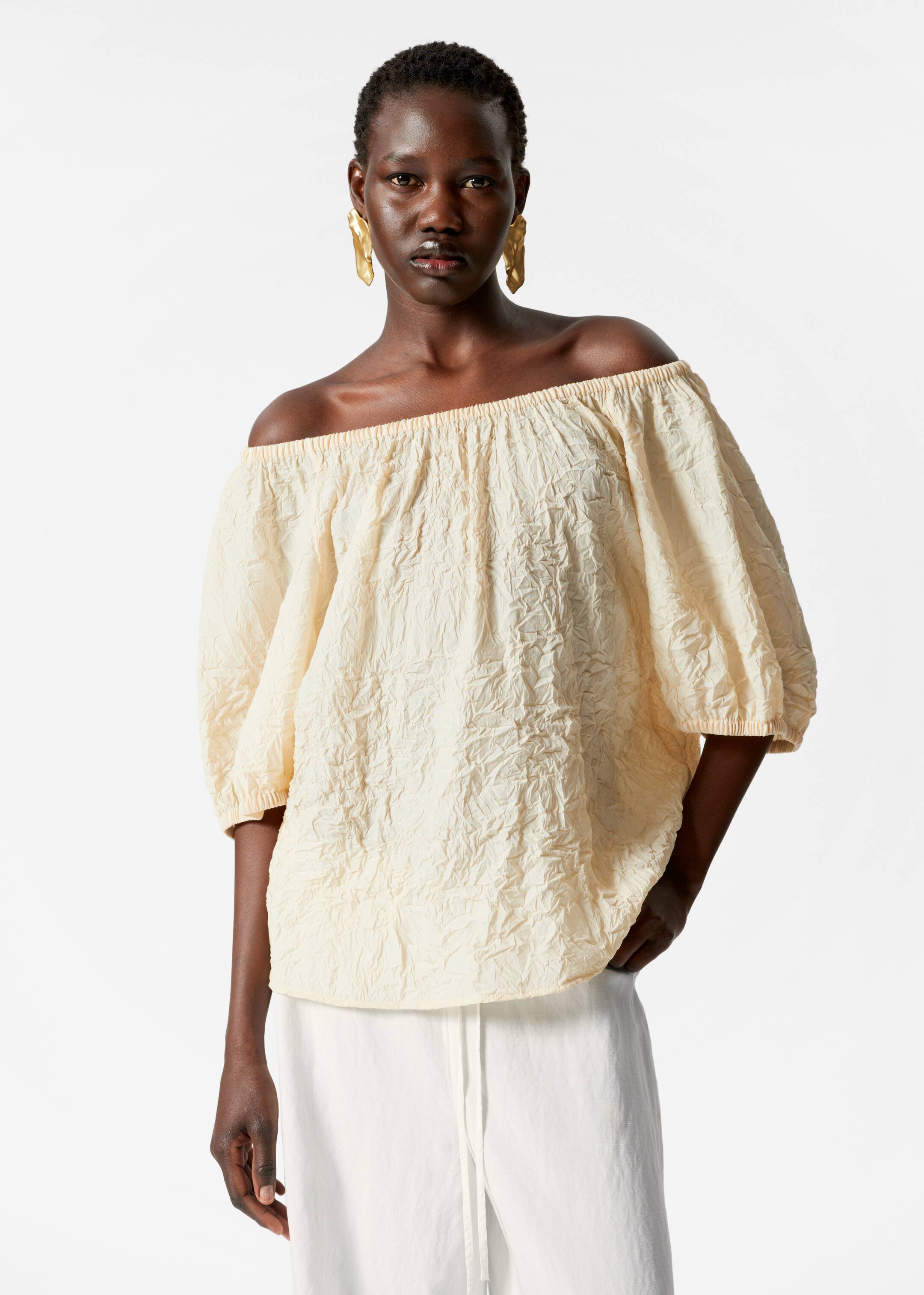 View larger image: Textured Short-Sleeve Blouse - Beige - Ladies | H&M GB 1