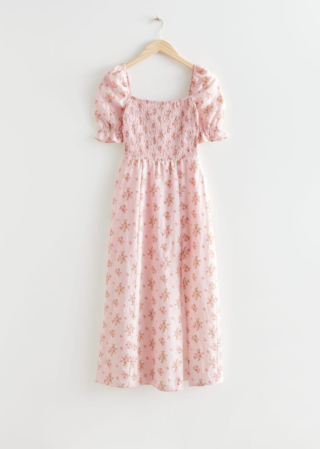 Printed Puff Sleeve Linen Midi Dress - Light Pink - Still Life