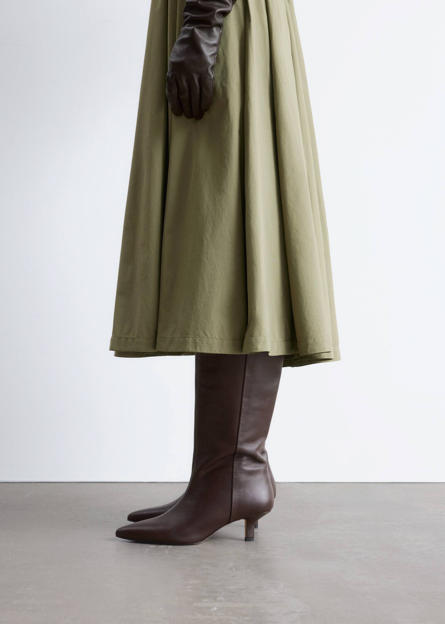Kitten Heel Leather Knee Boots - Dark Brown/Black/Light Beige Snake