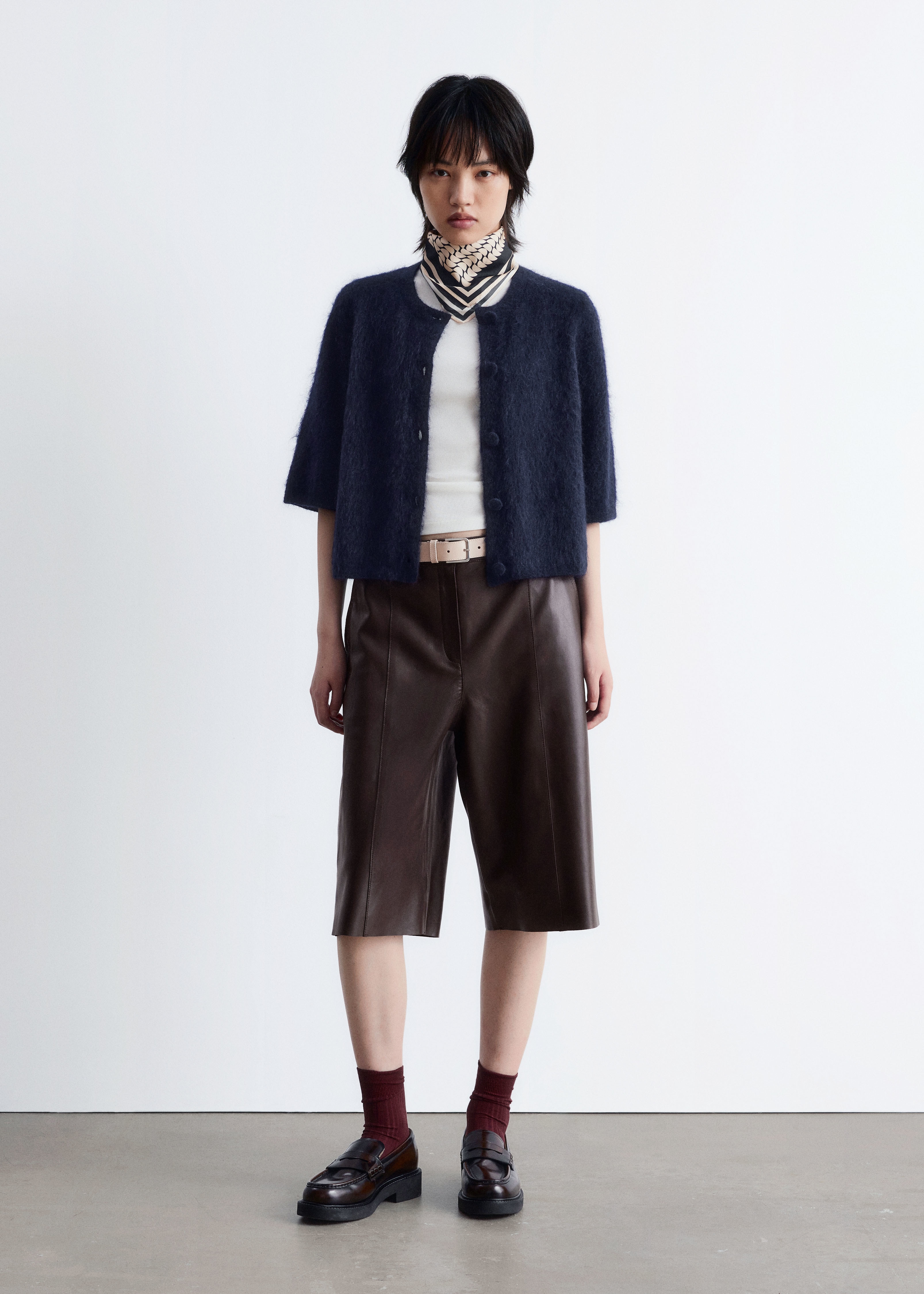 Pletený kardigan ze směsi mohéru - Tmavě modrá/Tmavě hnědá/Béžová/Žlutá