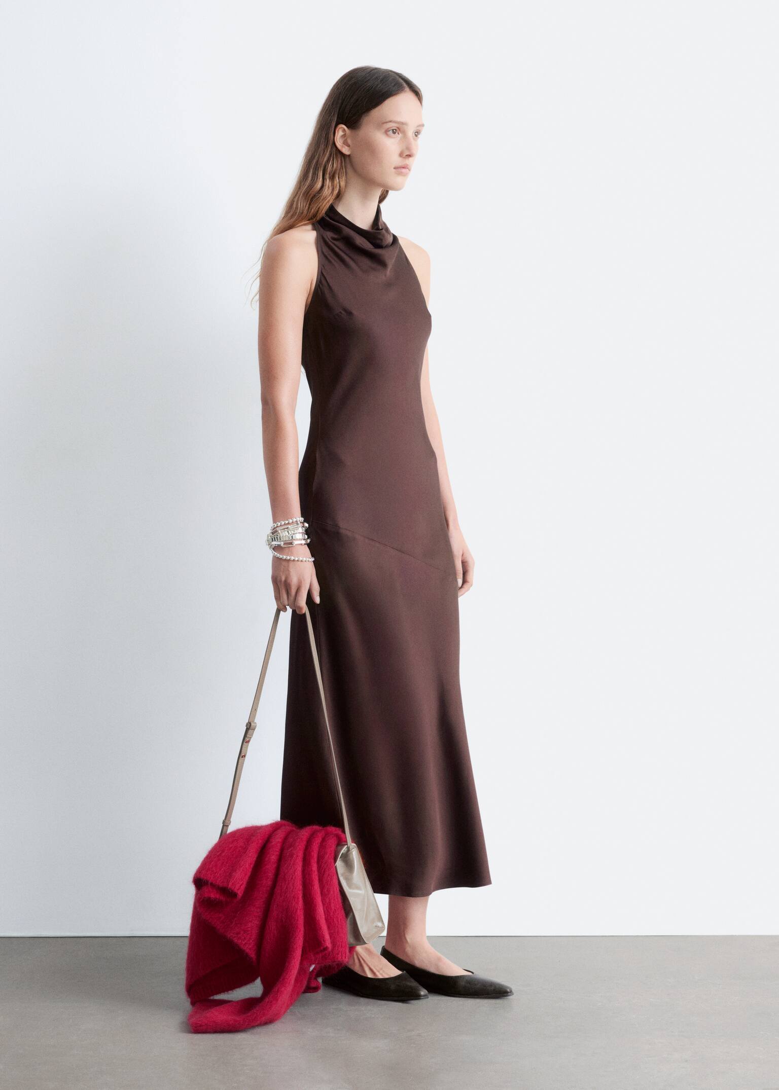 Cowl-Neck Satin Midi Dress - Dark Brown - 7