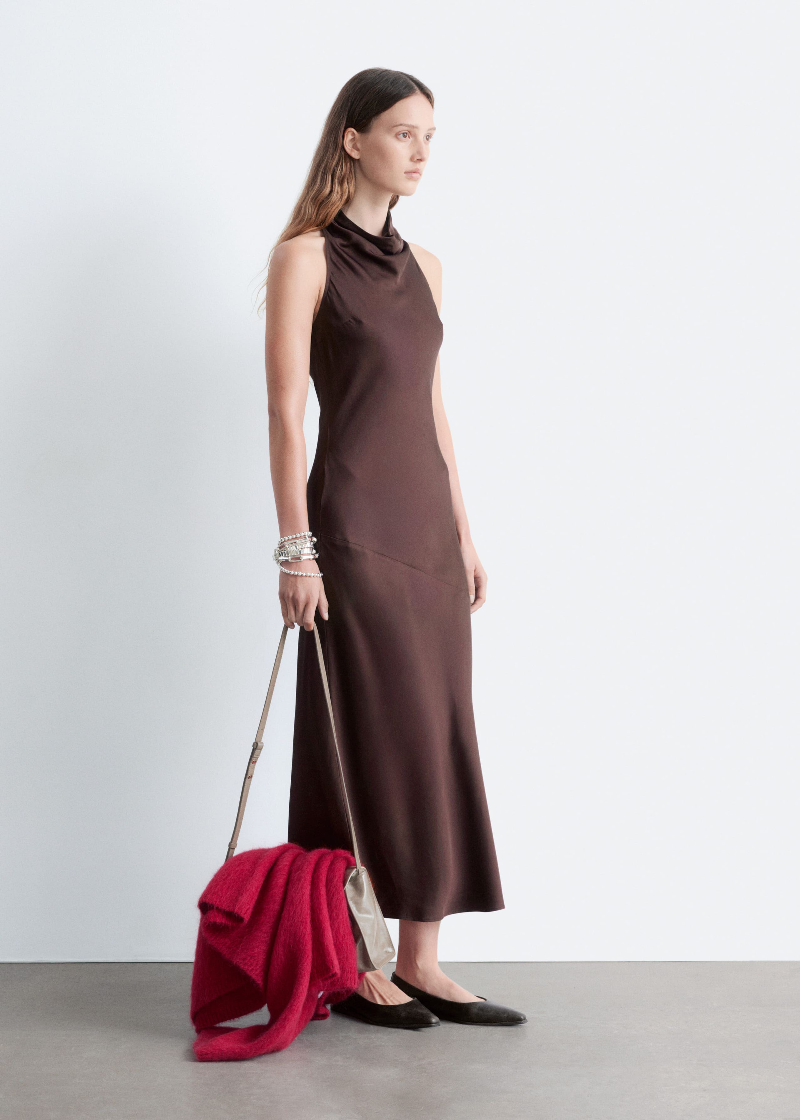 Image of Cowl-Neck Satin Midi Dress