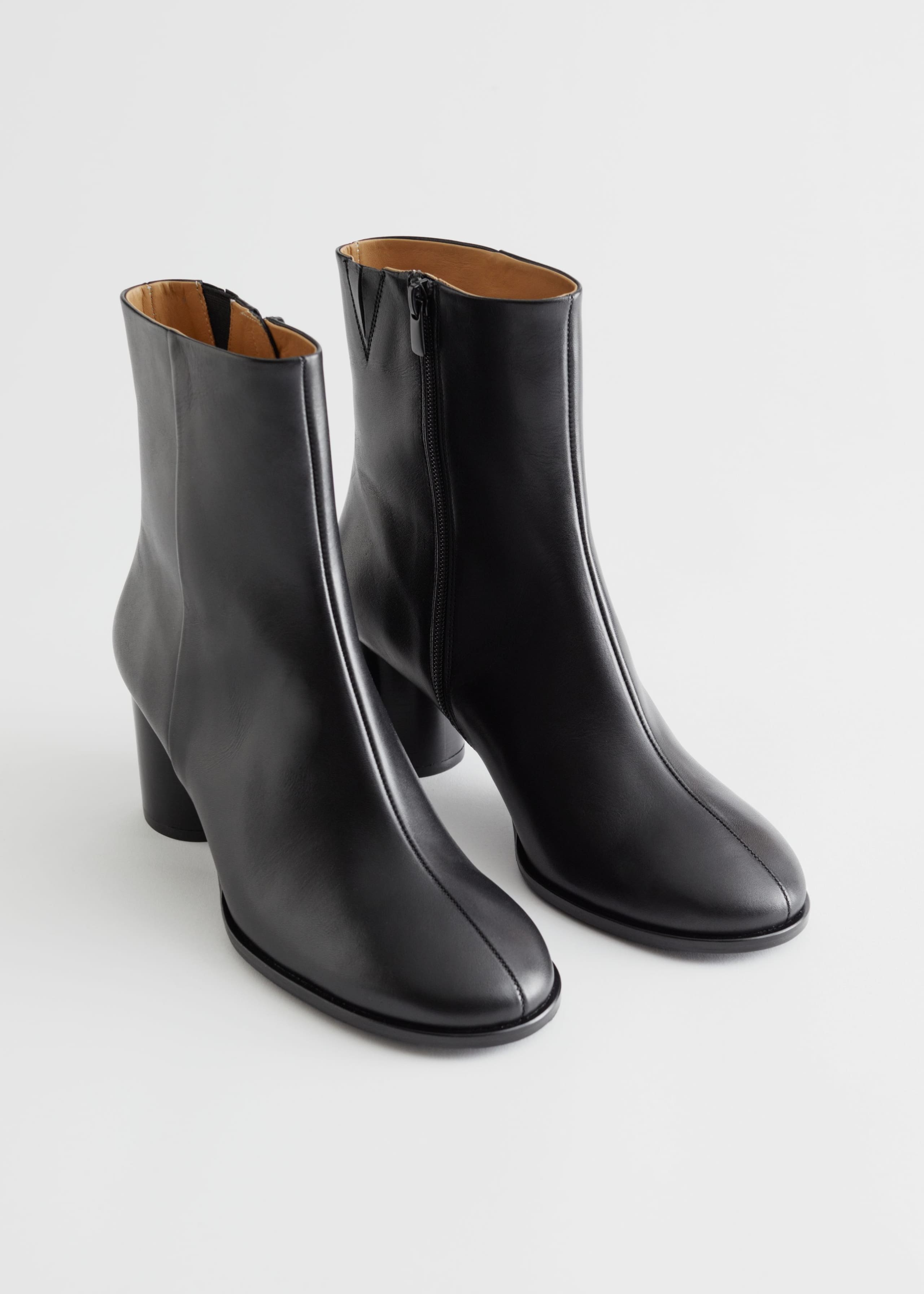 Block Heel Leather Boots - Black - Still Life