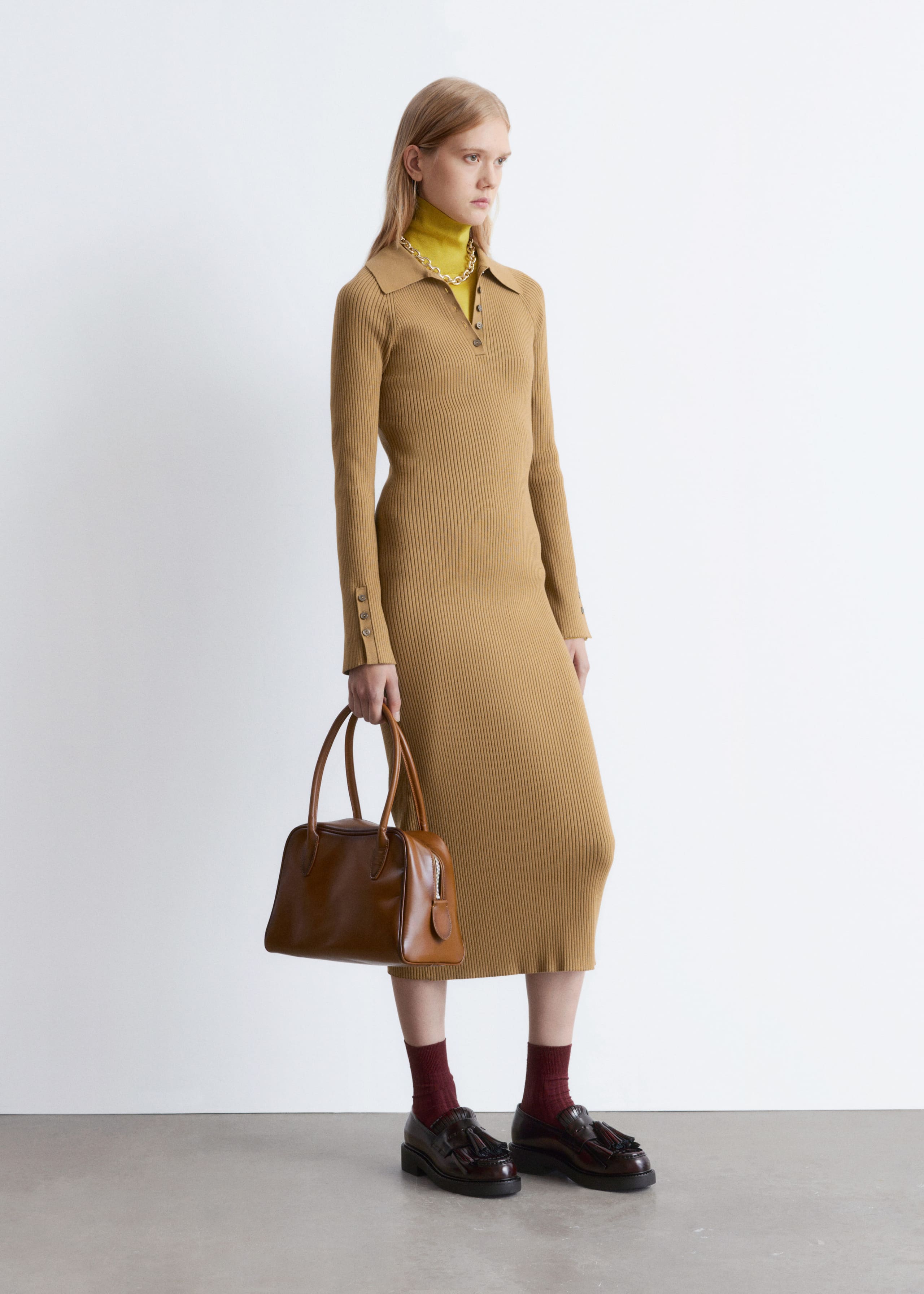 Image of Rib-Knit Polo Midi Dress