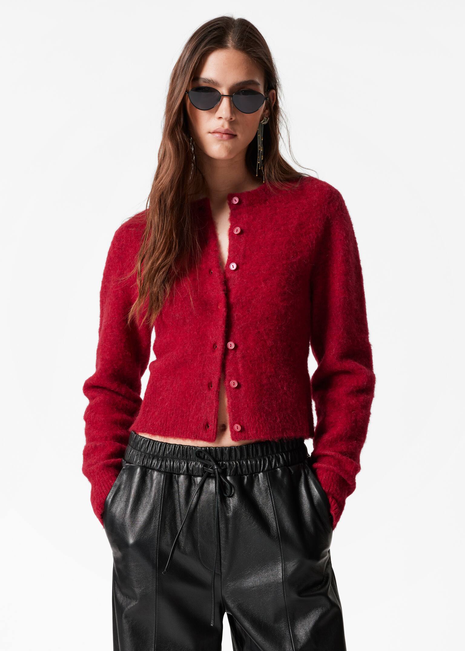 Alpaca-Blend Knit Cardigan - Dark Red/Greige - 4