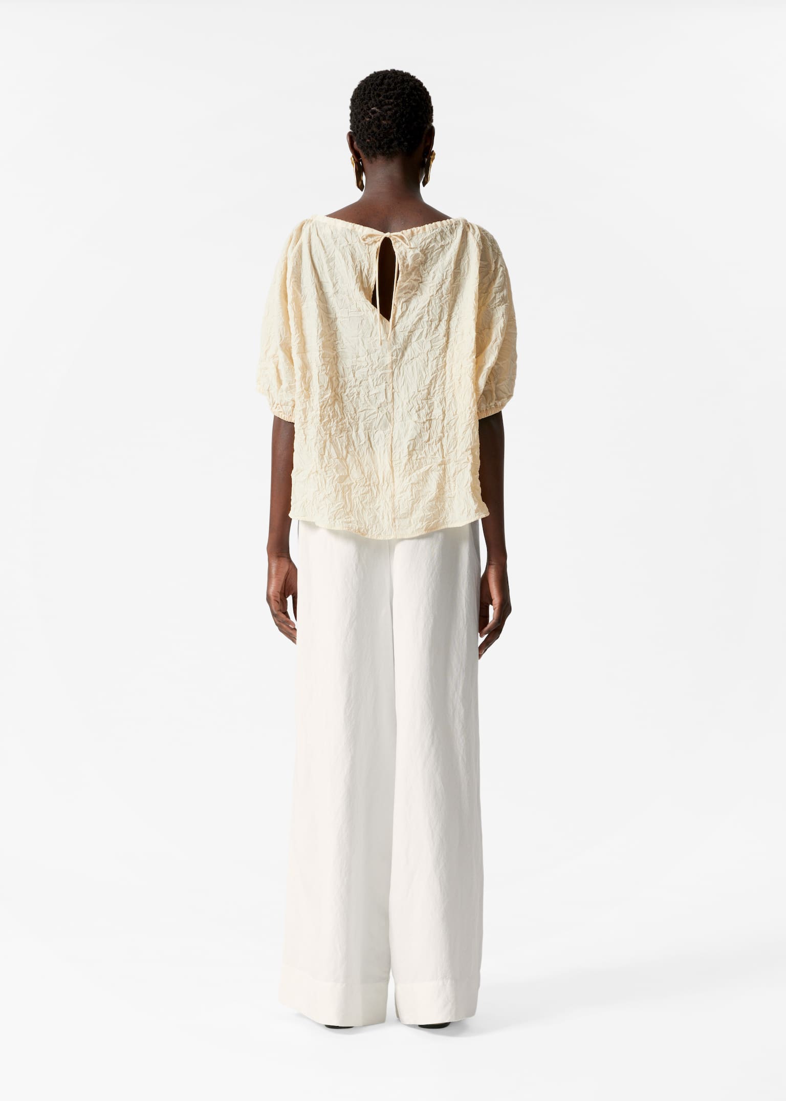 Textured Short-Sleeve Blouse - Bej/Albastru - 5