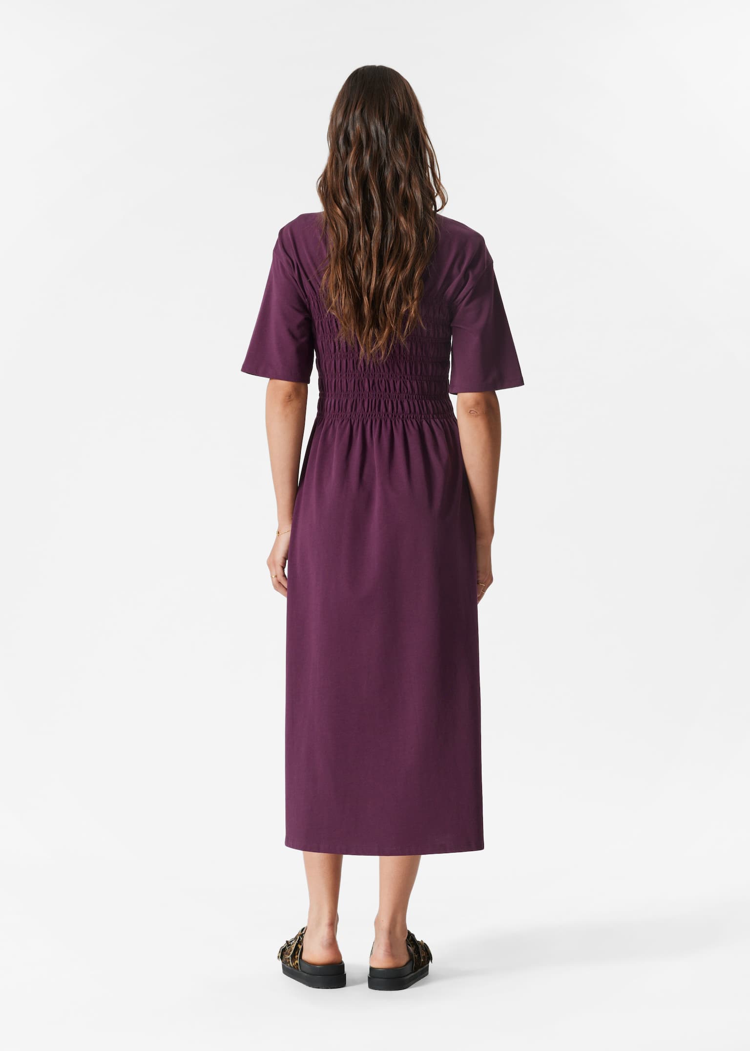 Gesmokte midi-jurk - Dark Purple/Black/White - 3