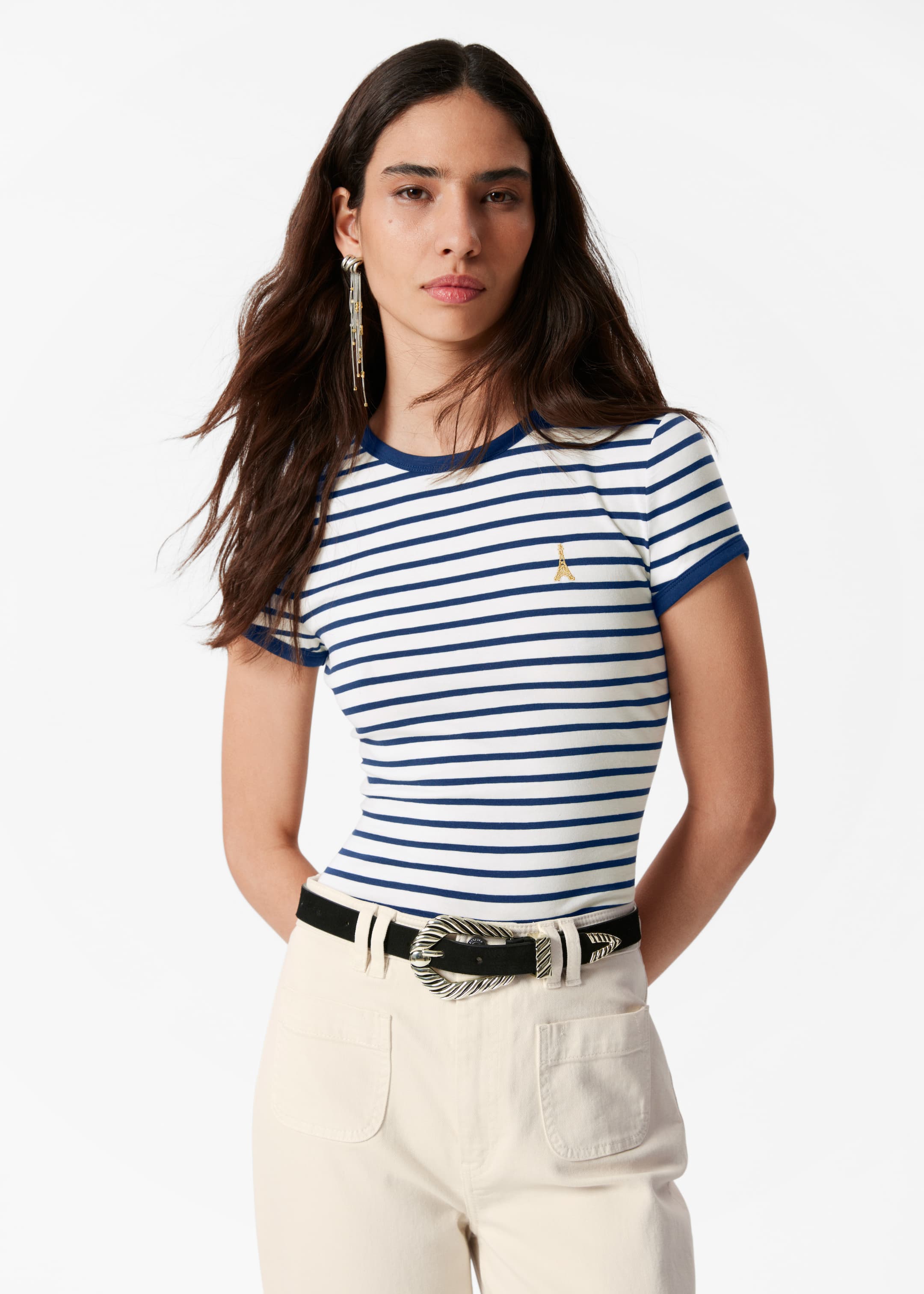 Zobacz większy obraz: T-shirt z kapturkowymi rękawami - Niebieskie paski - ONA | H&M PL 1