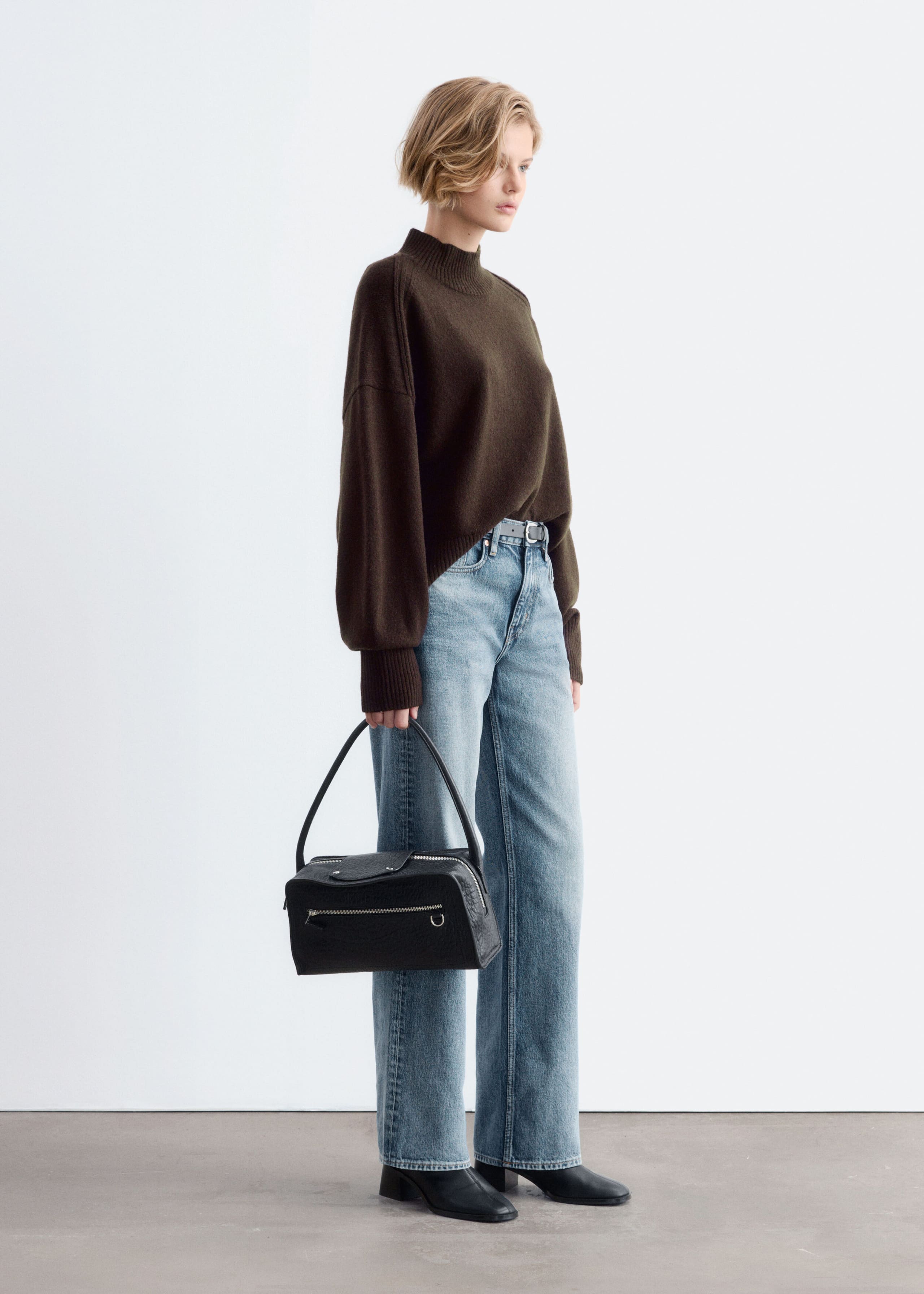 Mock-Neck Wool-Cotton Jumper Dark Brown