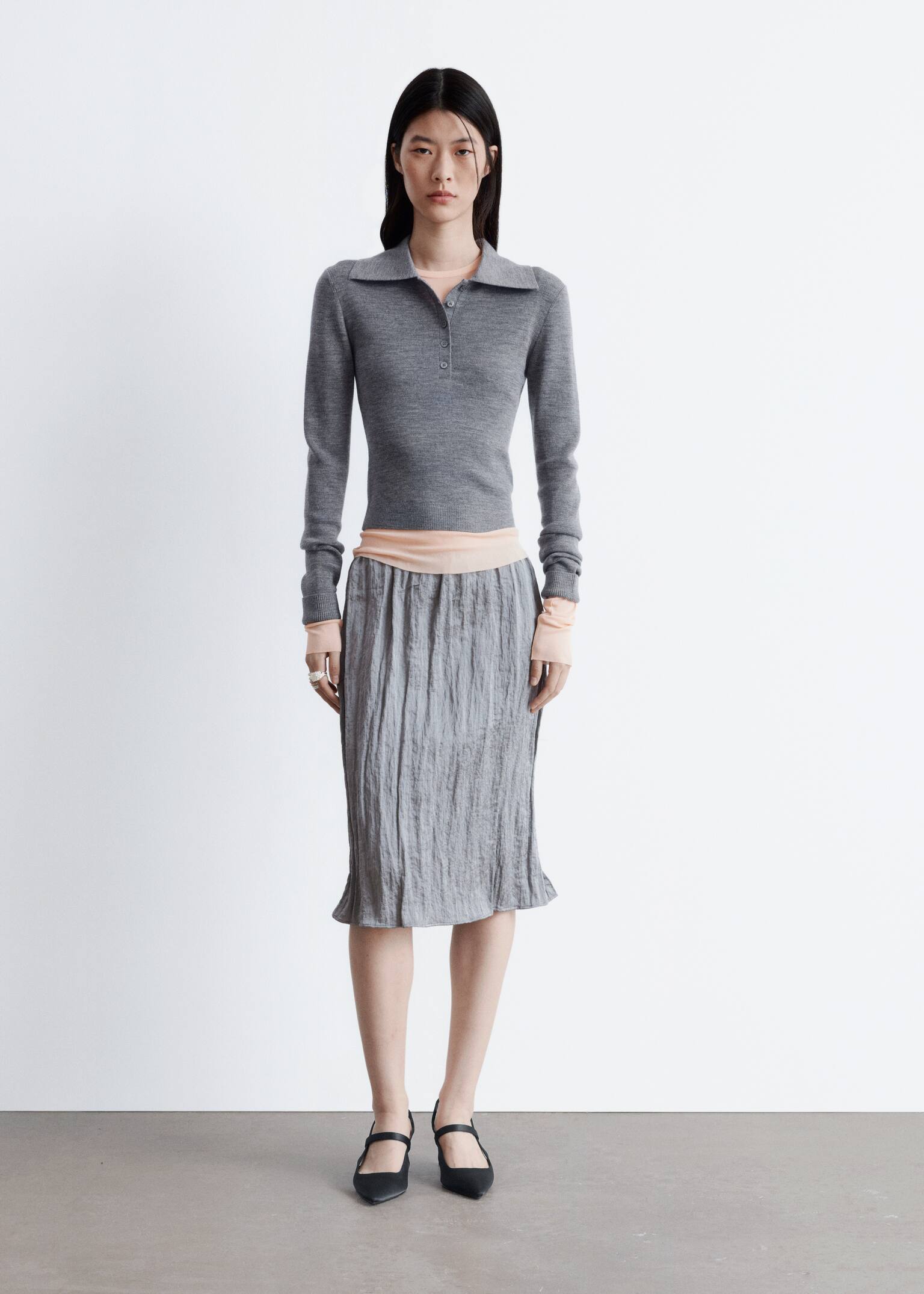 חולצת פולו מצמר מרינו בסריגת צלעות - אפור מלנג' - 4