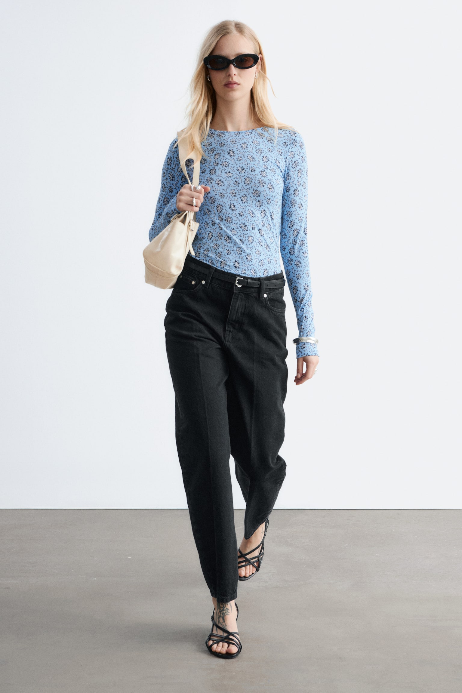 Maglia in jersey a maniche lunghe - Azzurro/Motivo floreale/Motivo a quadri grigio/verde - 6