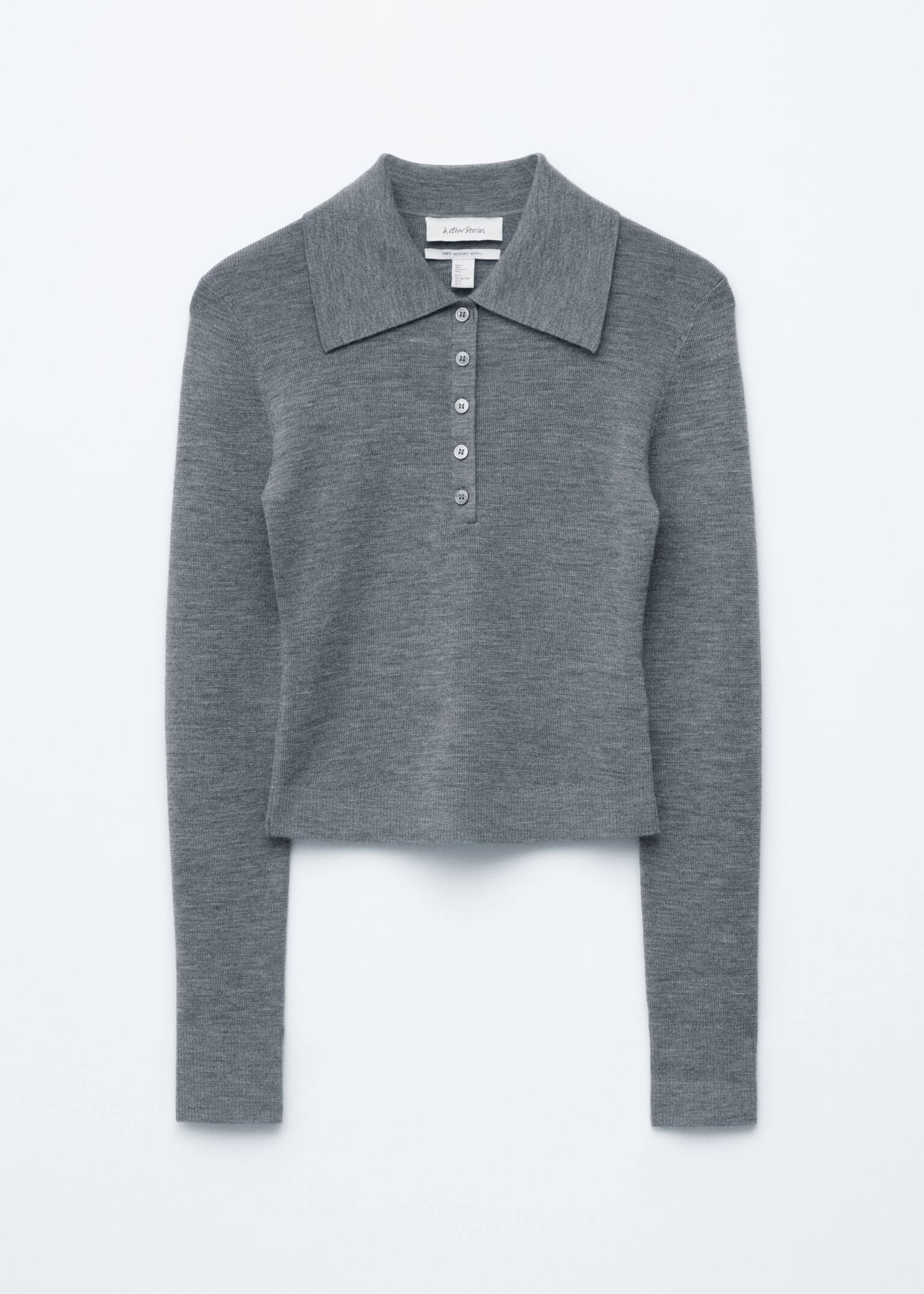 חולצת פולו מצמר מרינו בסריגת צלעות - אפור מלנג' - 2