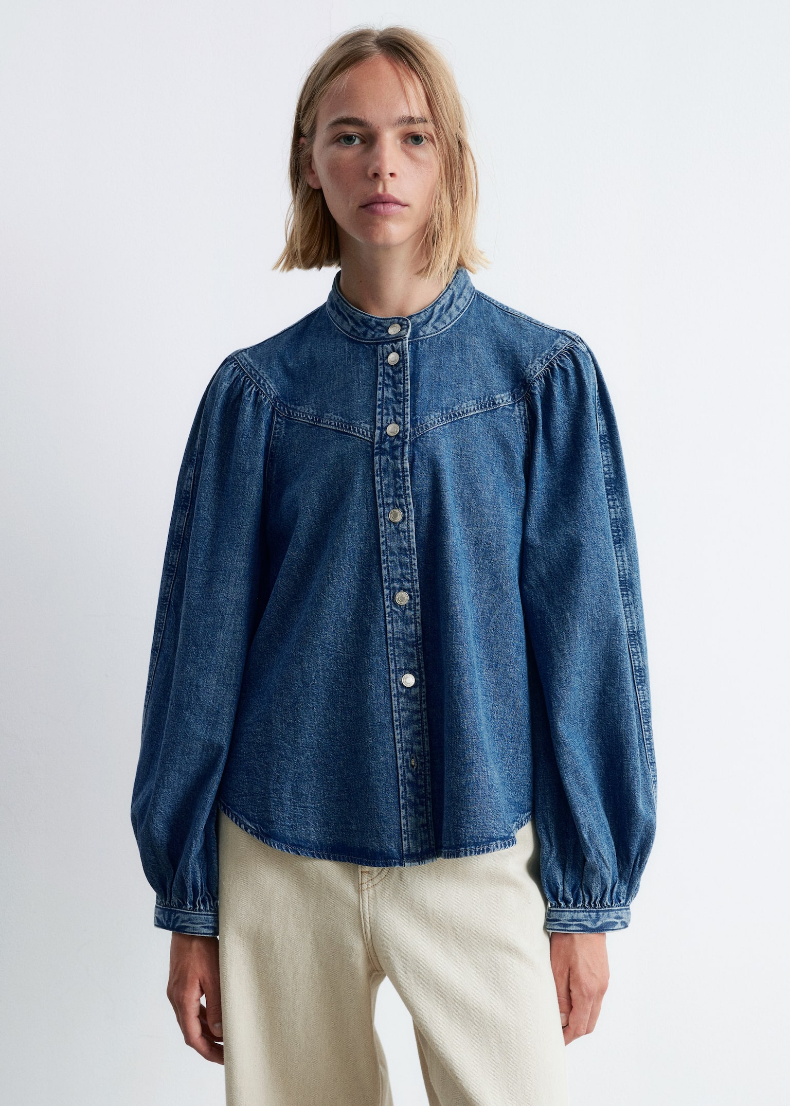 Puff-Sleeve Denim Blouse - Mid Blue