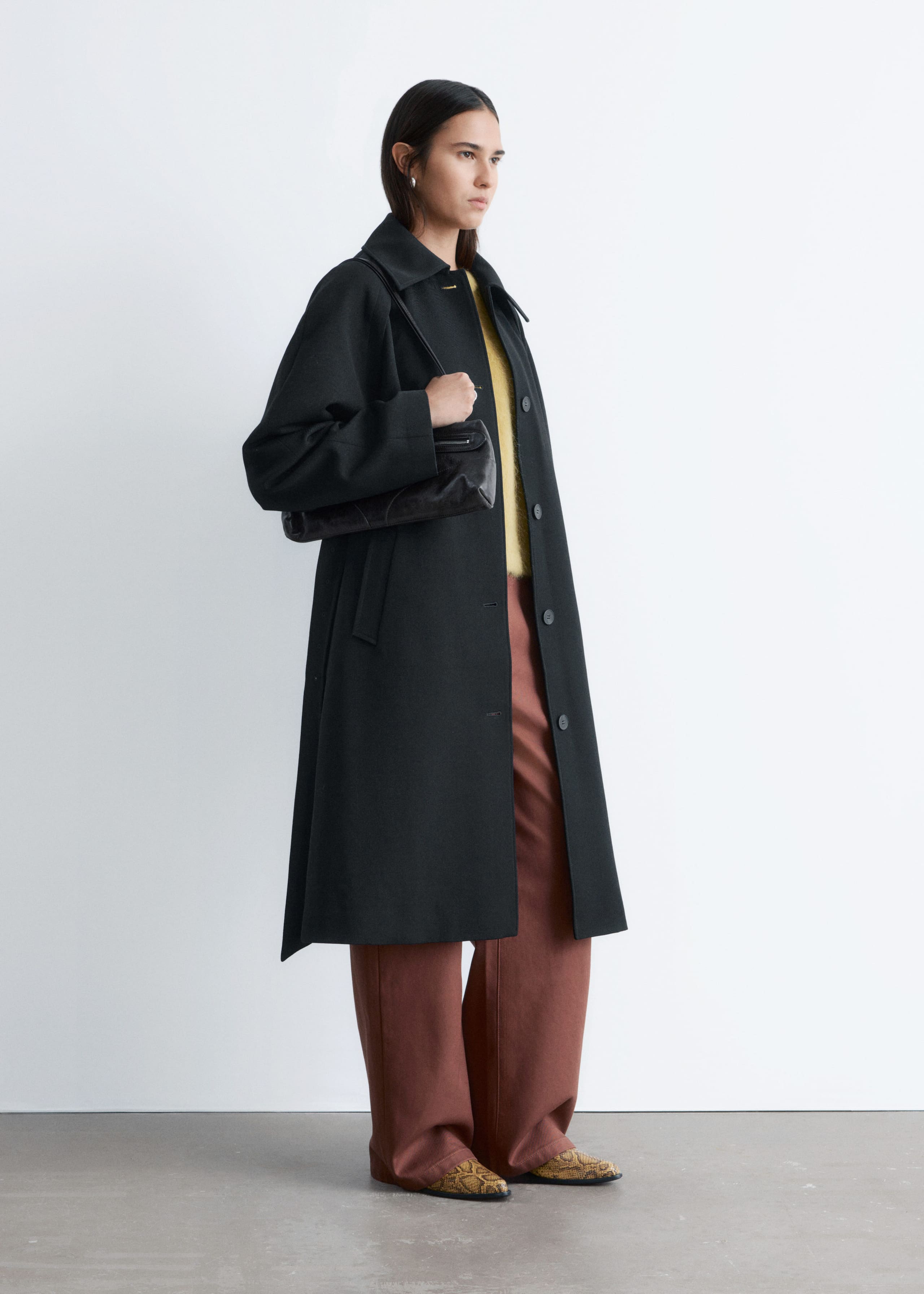 Tie-Belt Wool Trench Coat - Black - Lookbook