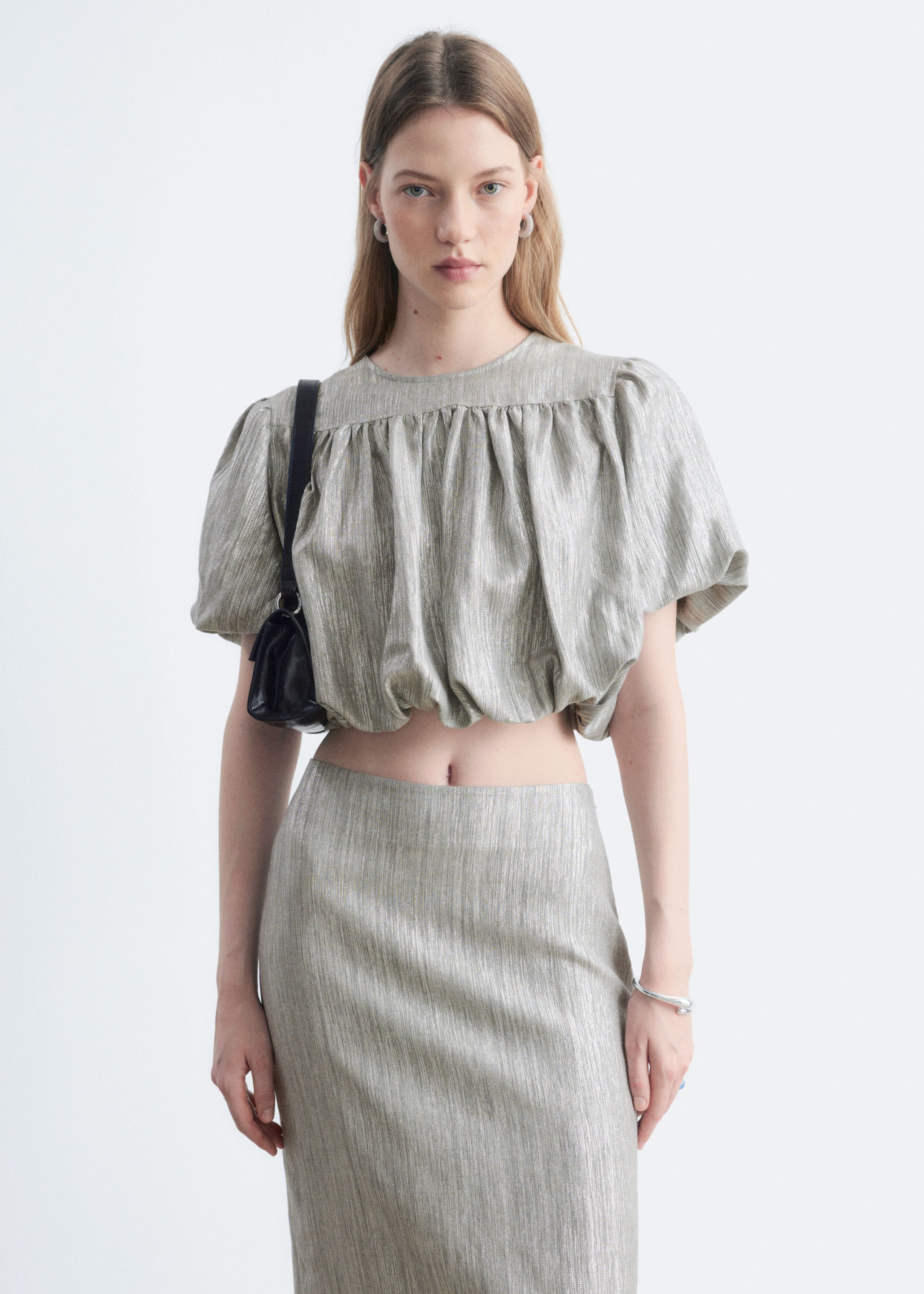 Aangerimpelde metallic blouse - Zilver - Lookbook