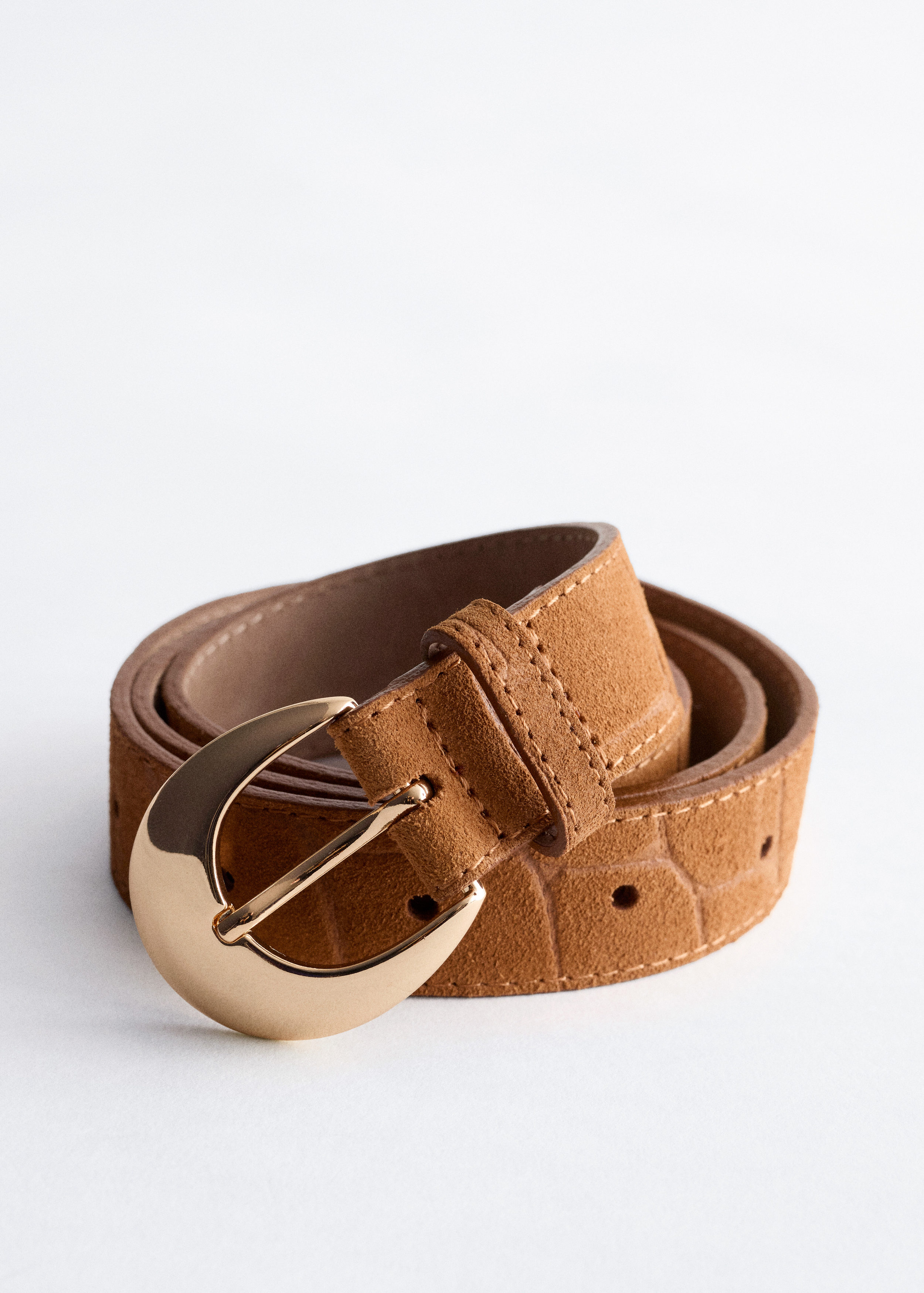 Crescent-Buckle Leather Belt - Beige suede/Faux Croco  display picture 2