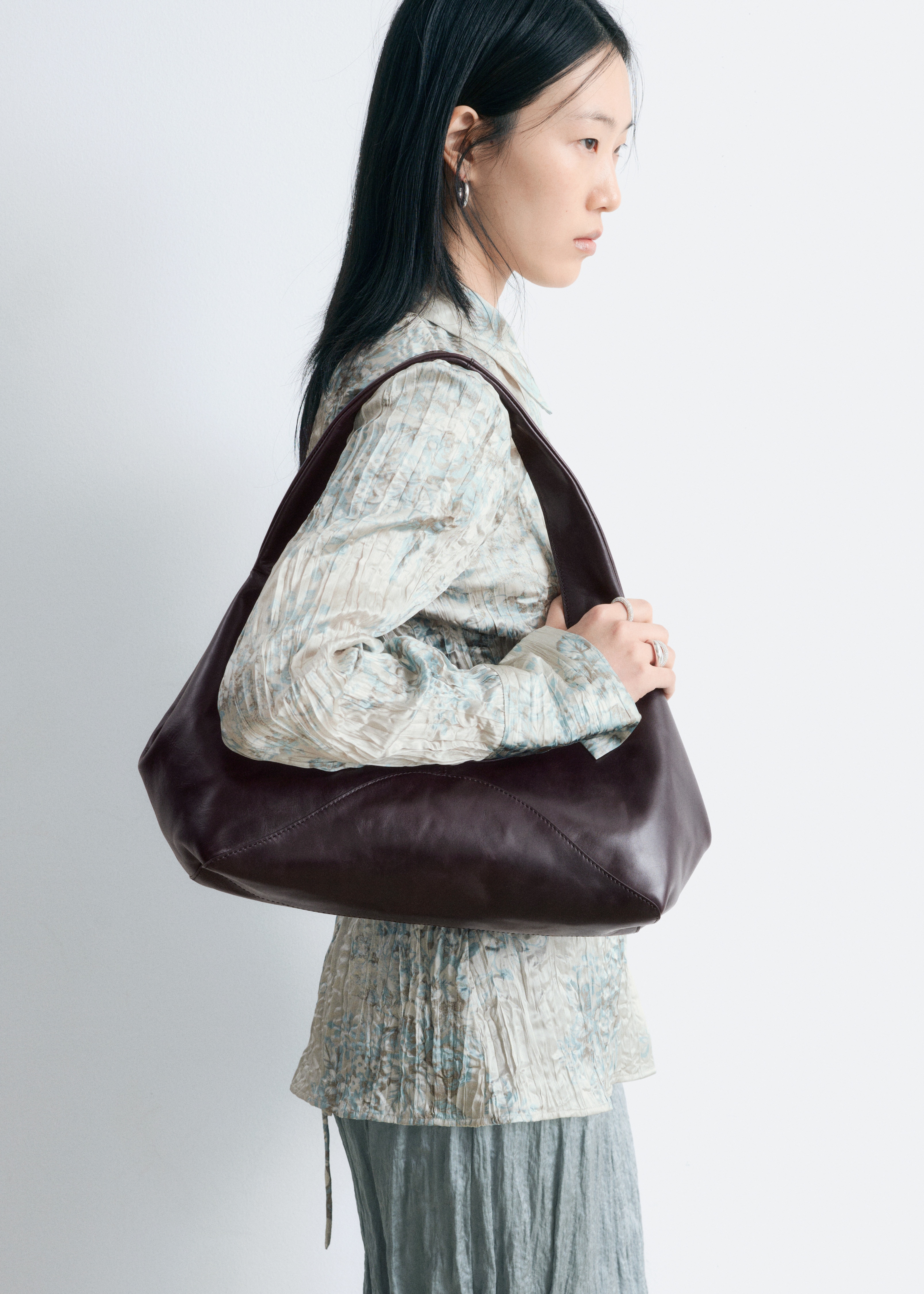 Curved Suede Shoulder Bag - Dark Brown Leather/Khaki Green Suede