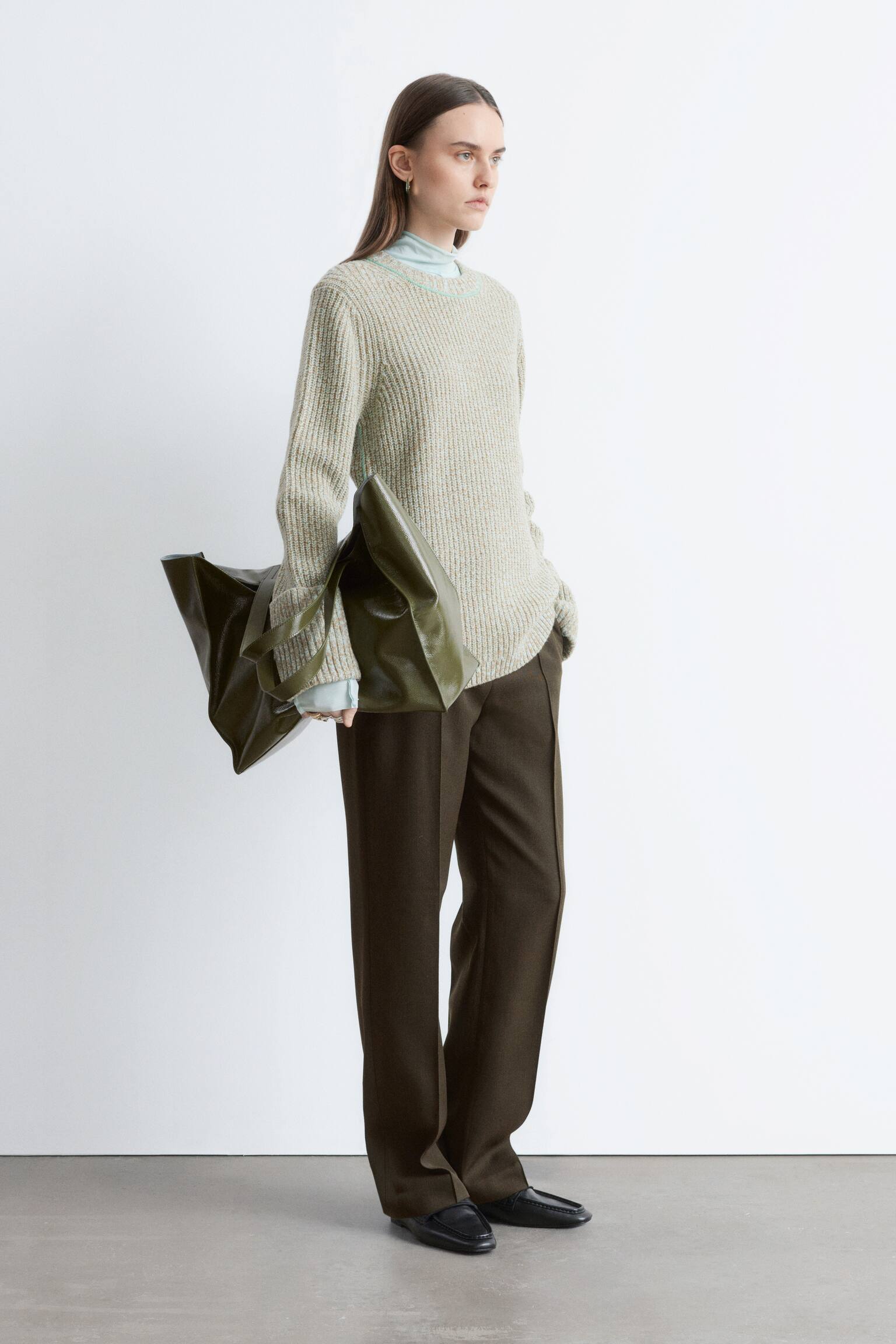 Vlněný svetr s ozdobným prošitím - tyrkysová melange - 2