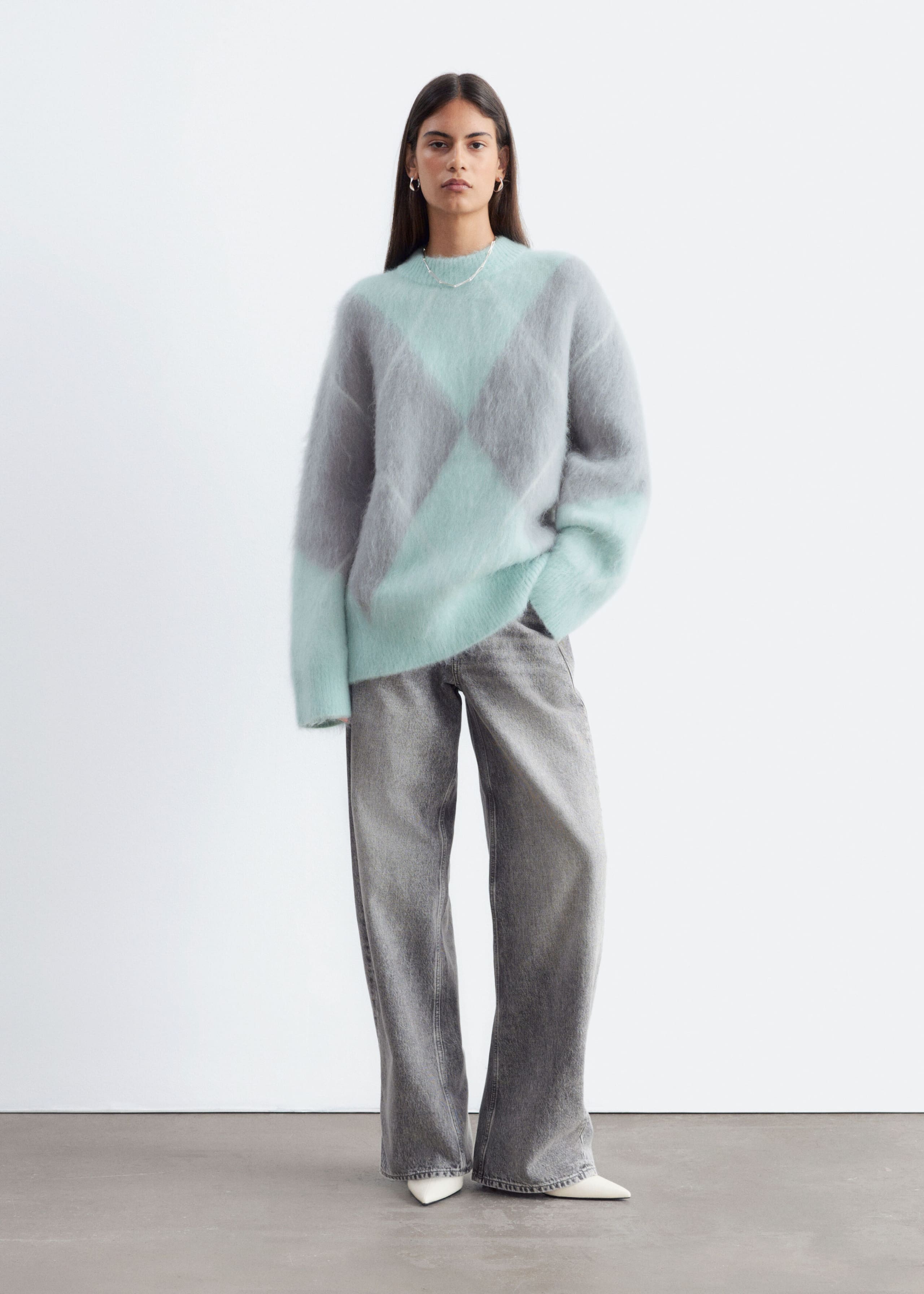 Pull en mohair mélangé à motif jacquard - Vert clair/Gris - Lookbook