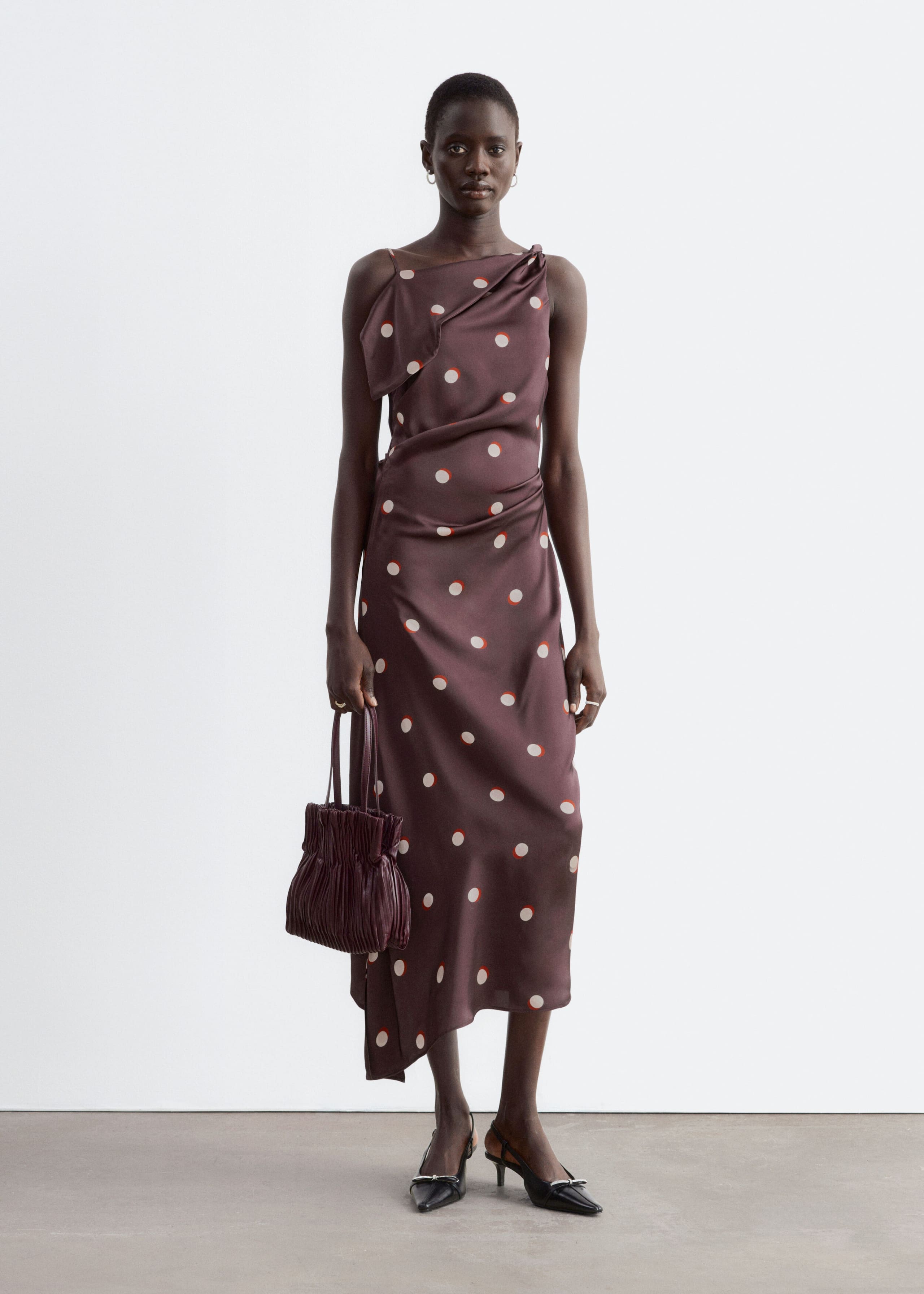 Asymmetric Satin Dress Dark Red/Dots