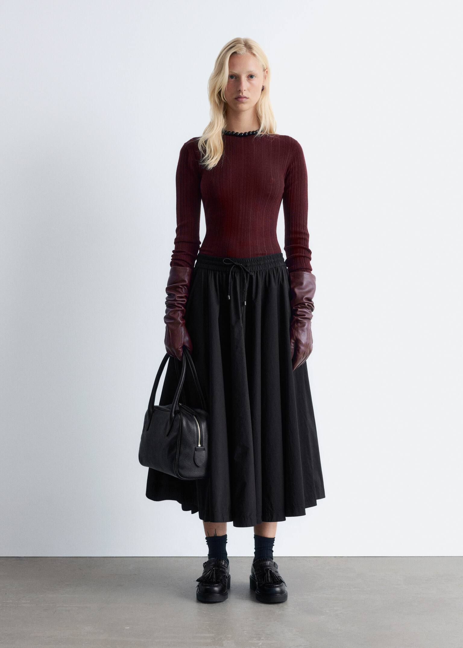 Rib-Knit Wool Boatneck Top - Dark Red/Dark Brown - 3